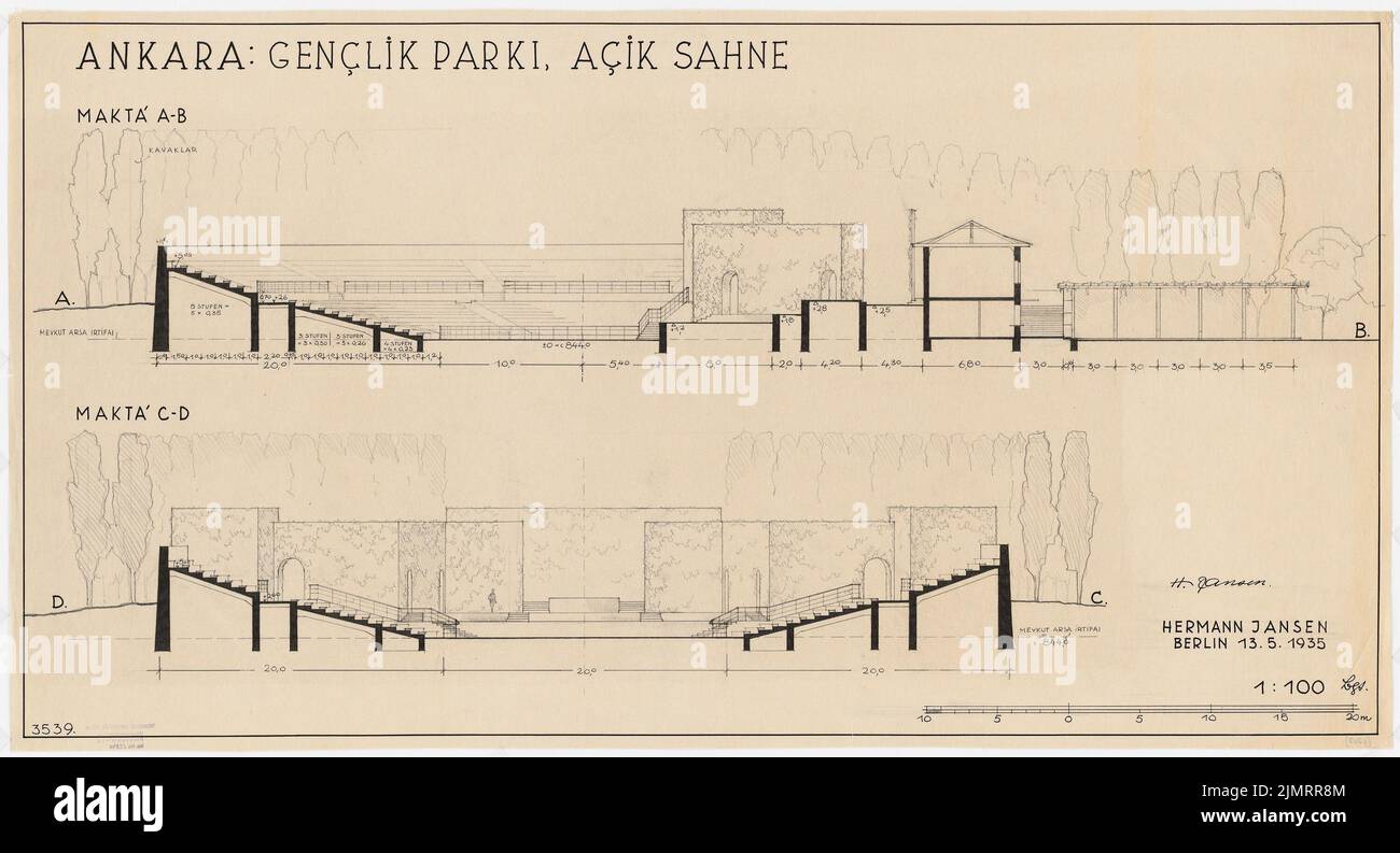 Jansen Hermann (1869-1945), piano di sviluppo totale di Ankara. Piano di sviluppo parziale Jugendpark (13 maggio 1935): Taglio e lacerazione 1: 100, progettazione parziale open-air teatro. Matita su trasparente, 53,2 x 98,3 cm (compresi i bordi di scansione) Jansen Hermann (1869-1945): Gesamtbebauungsplan Ankara. Teilbebauungsplan Jugendpark Foto Stock