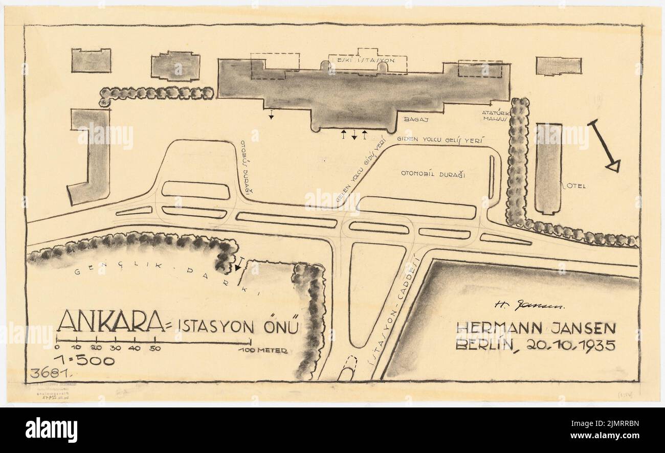 Jansen Hermann (1869-1945), piano di sviluppo totale di Ankara. Piano di sviluppo parziale sito di Bahnhofs (20 ottobre 1935): Stazione piano stazione piazzale 1: 500. Carbone e matita su trasparente, 41,5 x 67,7 cm (compresi i bordi di scansione) Jansen Hermann (1869-1945): Gesamtbebauungsplan Ankara. Teilbebauungsplan Bahnhofsgelände Foto Stock