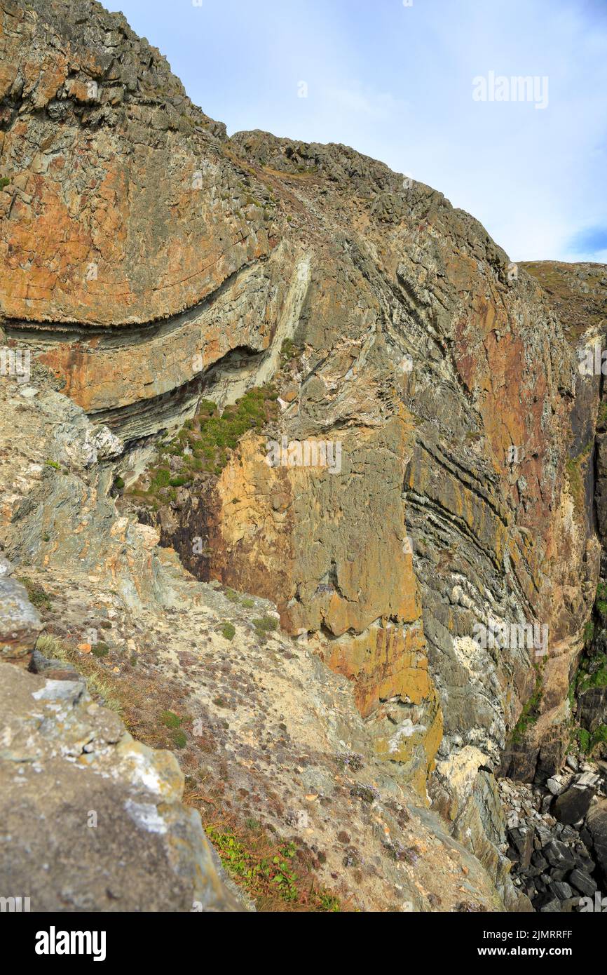 Formazione dello stack sud, faglia geologica su South Stack, Ynys Lawd, Holyhead, Isola di Anglesey, Ynys Mon, Galles del Nord, Regno Unito. Foto Stock