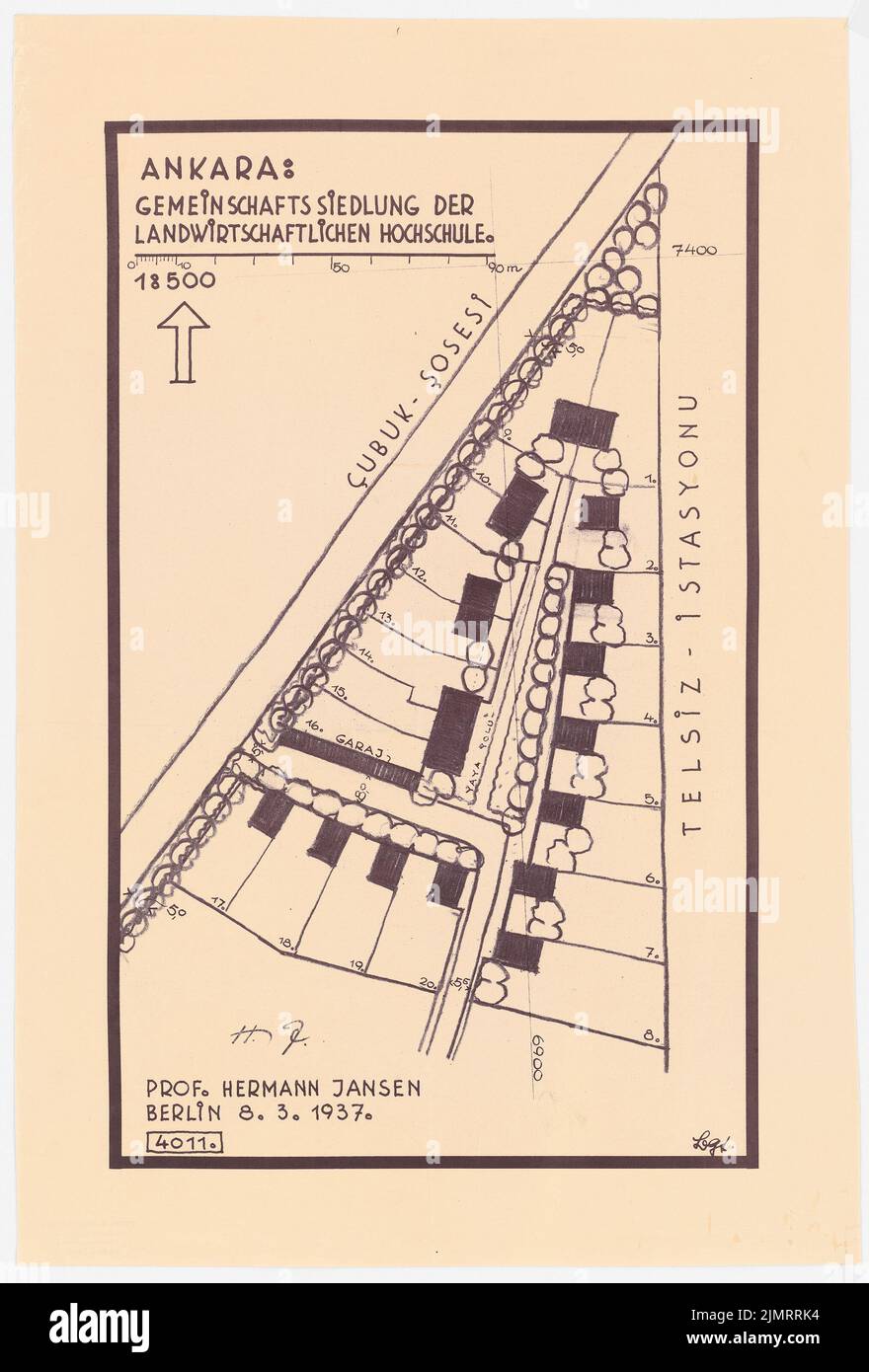 Jansen Hermann (1869-1945), piano di sviluppo totale di Ankara. Insediamento dei professori dell'università agricola. Ziraat Mektebi Cooperifi (08.03.1937): (Luce di rottura da Inv. N. 23017), pianta del sito 1: 500. Rottura leggera su carta, 65,6 x 44,4 cm (compresi i bordi di scansione) Jansen Hermann (1869-1945): Gesamtbebauungsplan Ankara. Siedlung der Professoren der landwirtschaftlichen Hochschule. Ziraat Mektebi Kooperatifi Foto Stock