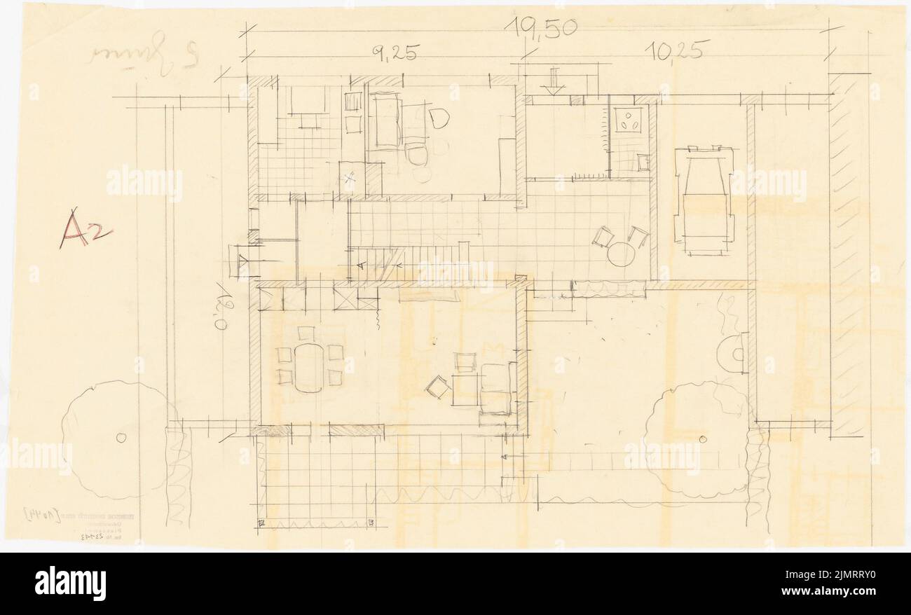 Jansen Hermann (1869-1945), piano di sviluppo totale di Ankara. Ankara Cooperifi. Tipi di casa (1936-1936): Tipo A2, Afiun, casa singola 5 stanze, pianta del piano terra 1:50. Matita su trasparente, 36,7 x 60,6 cm (compresi i bordi di scansione) Jansen Hermann (1869-1945): Gesamtbebauungsplan Ankara. Ankara Kooperatifi. Haustypen Foto Stock