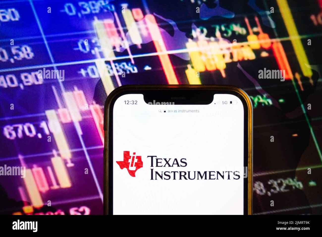 KONSKIE, POLONIA - 07 agosto 2022: Smartphone che mostra il logo di Texas Instruments Inc su sfondo diagramma di borsa Foto Stock