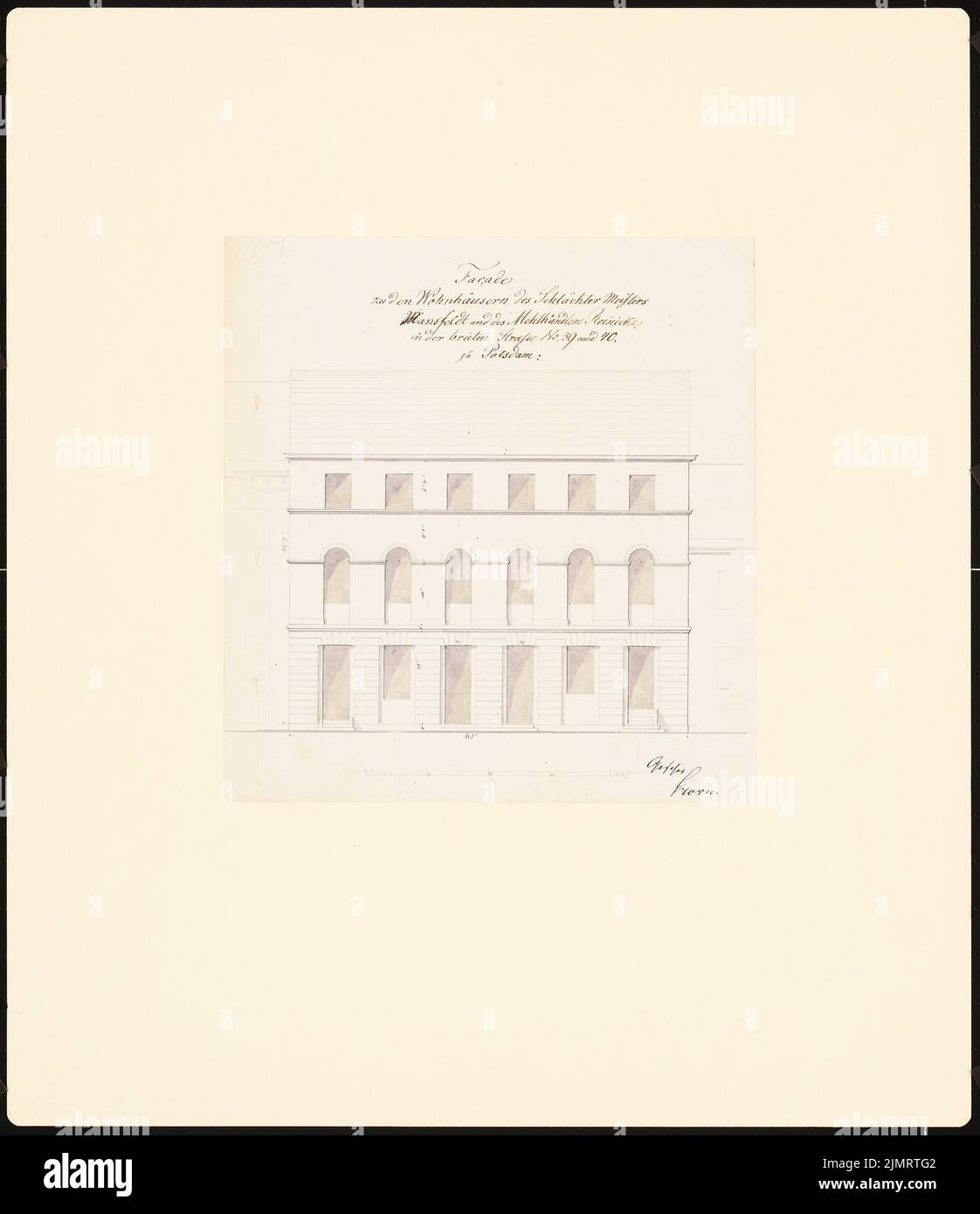 Boumann Johann (1706-1776), le case di Potsdam. Costruire registrazioni (cosiddetto Ziller-Folder) intorno al 1850. Breite Straße No. 39 e 40 (anno di costruzione 1749) (1855-1855): Facciata RISS vista frontale (scala bar, piede). Matita e inchiostro acquerello su carta, 58,6 x 50,6 cm (compresi i bordi di scansione) Boumann d.. Ä. Johann (1706-1776): Potsdamer Bürgerhäuser. Bauaufnahmen (sog. Ziller-Mappe) um 1850. Breite Straße Nr. 39 e 40 (Baujahr 1749) Foto Stock