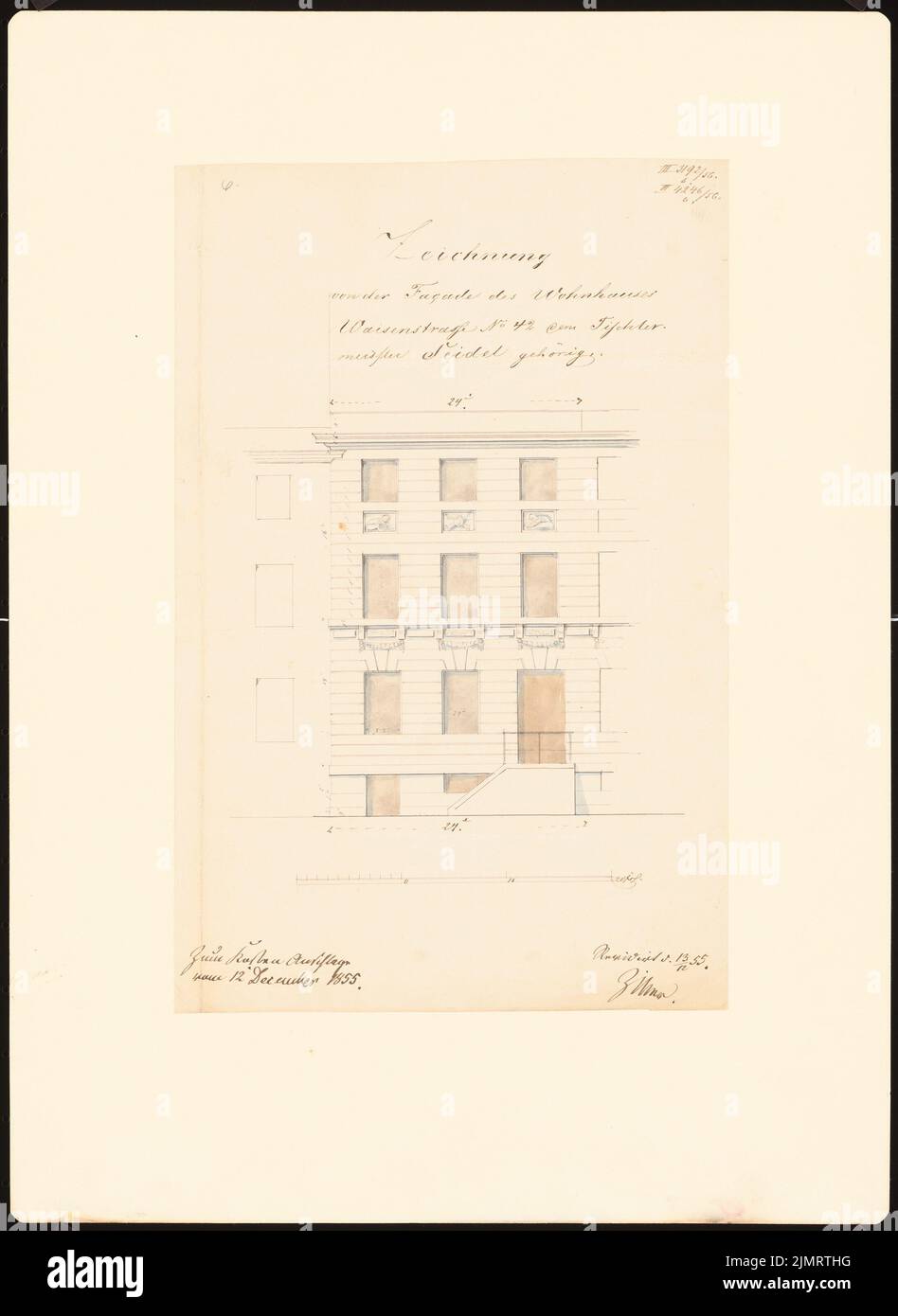 Unger (1743-1799), Potsdam Citizens' Houses. Costruire registrazioni (cosiddetto Ziller-Folder) intorno al 1850. Waisenstraße 42 edificio residenziale (costruito nel 1781) (13.12.1855): Facciata superiore con vista frontale (scala bar, piedi). Matita e inchiostro acquerello su carta, 46 x 33,6 cm (compresi i bordi di scansione) Unger (1743-1799): Potsdamer Bürgerhäuser. Bauaufnahmen (sog. Ziller-Mappe) um 1850. Wohnhaus Waisenstraße 42 (Baujahr 1781) Foto Stock