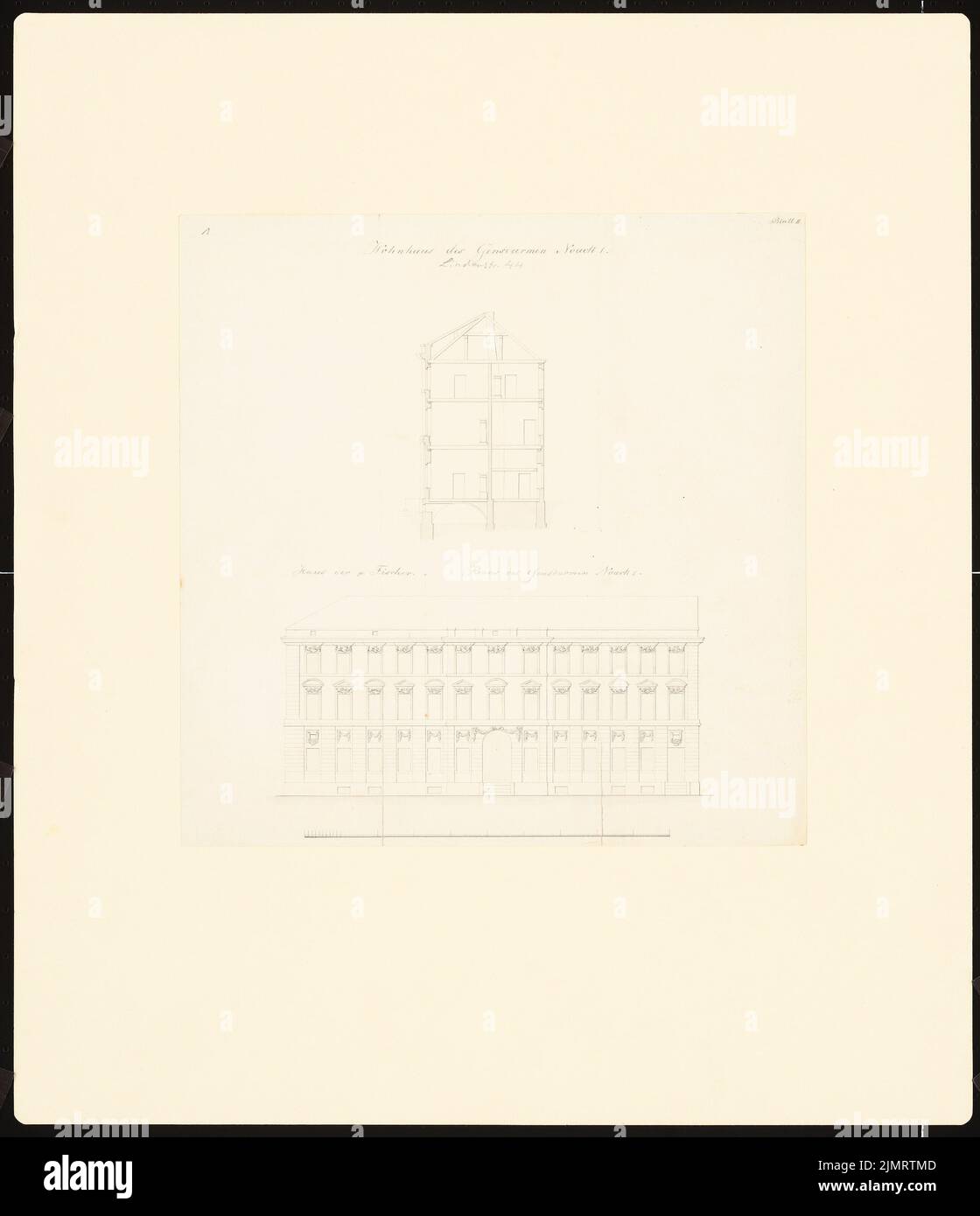 Gontard Carl von (1731-1791), Potsdam Citizens' Houses. Costruire registrazioni (cosiddetto Ziller-Folder) intorno al 1850. Lindenstraße 44 edificio residenziale (costruito nel 1770) (1855-1855): Facciata RISS con vista frontale (gioielli per facciate, ecc. teste di pietra chiave, maschere come supporto per ghirlande), profilo tagliato (barra graduata). Acquerello a matita e inchiostro su carta, 59,1 x 50,9 cm (compresi i bordi di scansione) Gontard Carl von (1731-1791): Potsdamer Bürgerhäuser. Bauaufnahmen (sog. Ziller-Mappe) um 1850. Wohnhaus Lindenstraße 44 (Baujahr 1770) Foto Stock