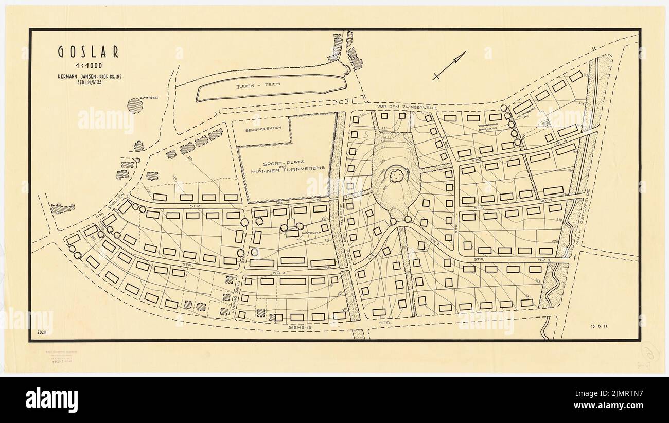 Jansen Hermann (1869-1945), piano di sviluppo parziale della città di Goslar. [Probabile] espansione sud-orientale della città (13.08.1927): Piano di base e piano del sito 1: 1000, scala bar. Inchiostro su trasparente, 58,5 x 103,8 cm (compresi i bordi di scansione) Jansen Hermann (1869-1945): Teilbebauungsplan der Stadterweiterung Goslar. [Vermutlich] Südöstliche Stadterweiterung Foto Stock