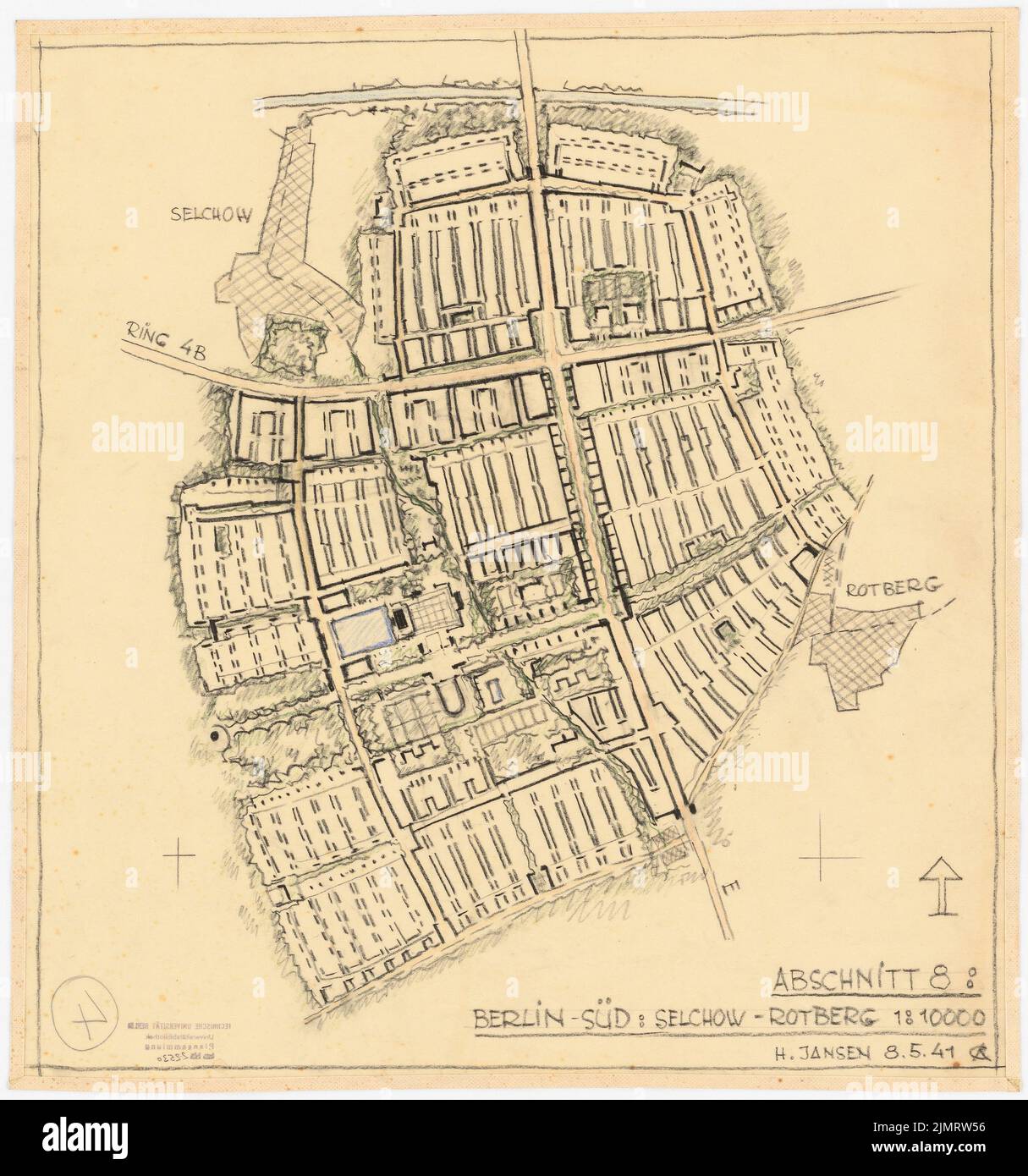 Jansen Hermann (1869-1945), riprogettazione Berlino, Selchow, Rotberg (08.05.1941): Piano di base 1: 10000. Gesso e matite colorate su trasparente, 51,3 x 48 cm (compresi i bordi di scansione) Jansen Hermann (1869-1945): Neugestaltung Berlin, Selchow, Rotberg Foto Stock