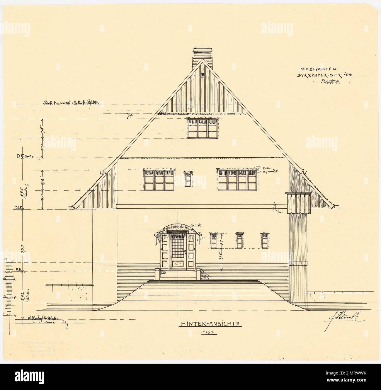 Blunck Erich (1872-1950), casa singola a Berlino-Nikolassee (1910): RISS back view 1:50. Inchiostro su trasparente, 40 x 41,9 cm (compresi i bordi di scansione) Blunck Erich (1872-1950): Einfamilienwohnhaus, Berlin-Nikolassee Foto Stock
