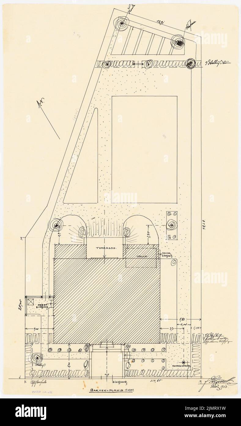 Blunck Erich (1872-1950), casa singola con giardino a Berlino. (?) (03,1913): pianta del sito, allo stesso tempo pianta del giardino, 1: 100. Inchiostro su trasparente, 55,9 x 33,9 cm (compresi i bordi di scansione) Blunck Erich (1872-1950): Einfamilienhaus mit Garten, Berlino (?) Foto Stock