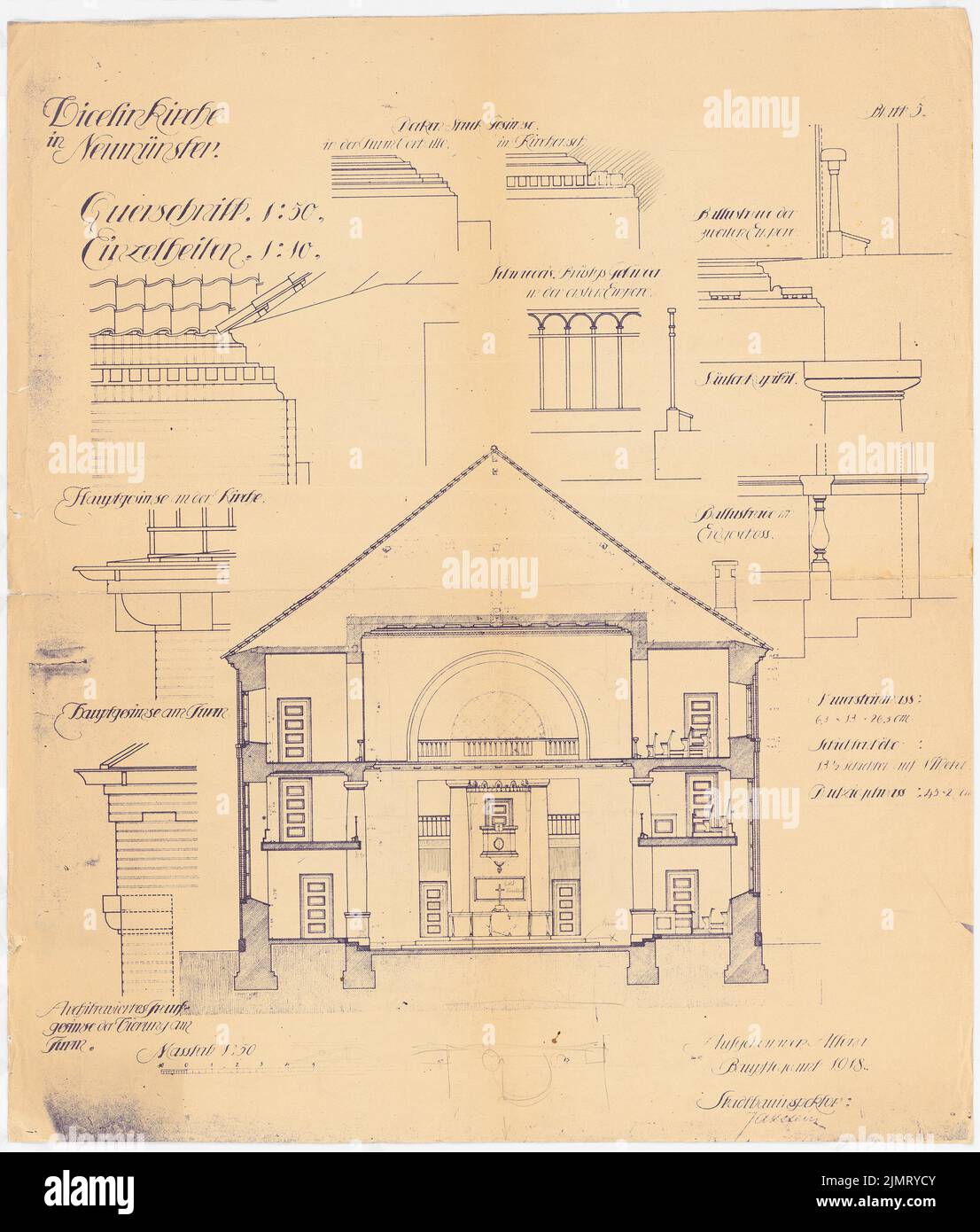 Blunck Erich (1872-1950), Vizelinkirche in Neumünster. Monumento conservazione - ingresso edilizia (1918): Sezione trasversale 1:50; Dettagli 1:10: Tetto, cornici all'interno e all'esterno, balaustre, capitolo colonna. Matita su piano di carta, 90,1 x 76,7 cm (compresi i bordi di scansione) Blunck Erich (1872-1950): Vizelinkirche, Neumünster. Denkmalpflege - Bauaufnahme Foto Stock