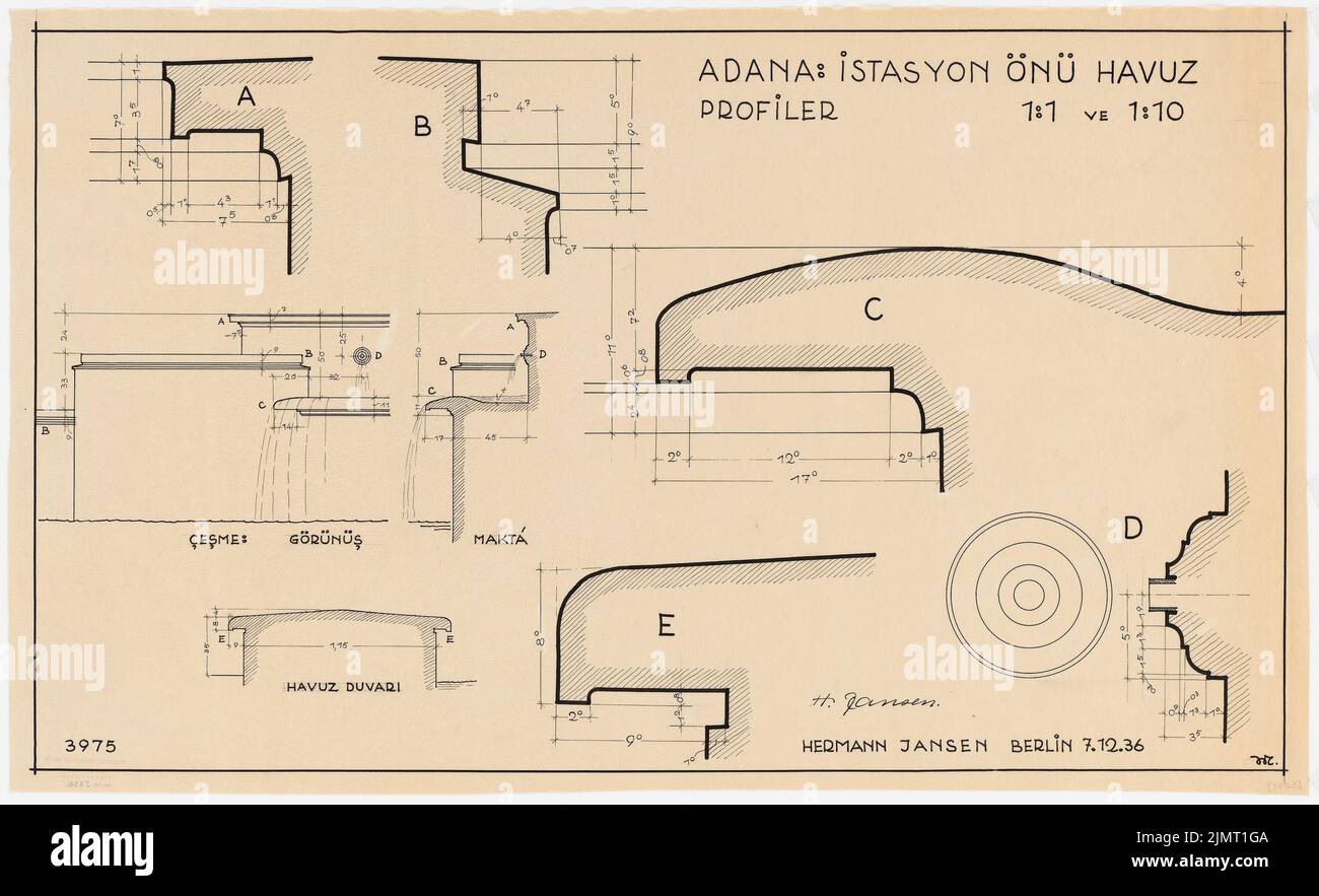 Jansen Hermann (1869-1945), urbanistica ad Adana. Wasserbassin (07.12.1936): Media 1: 1, taglio 1:10, viste dettagliate 1:50. Inchiostro su trasparente, 48 x 78,6 cm (compresi i bordi di scansione) Jansen Hermann (1869-1945): Stadtplanung, Adana. Wasserbassin Foto Stock