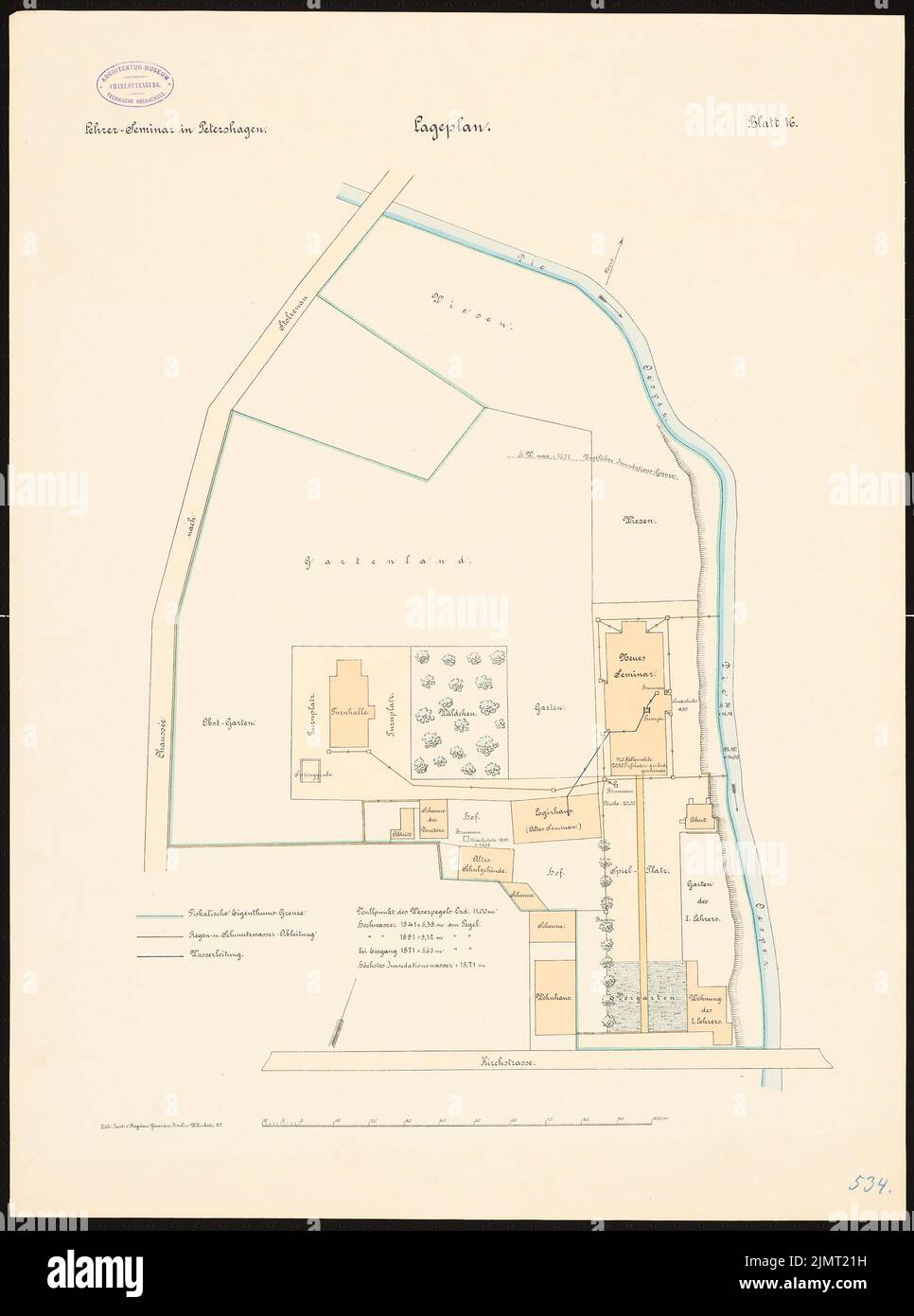 Architetto sconosciuto, seminario insegnante a Petershagen (ca 1886/1887): pianta del sito 1: 500. Litografia colorata su cartone, 71,8 x 53,3 cm (compresi i bordi di scansione) N. : Lehrerseminar, Petershagen Foto Stock