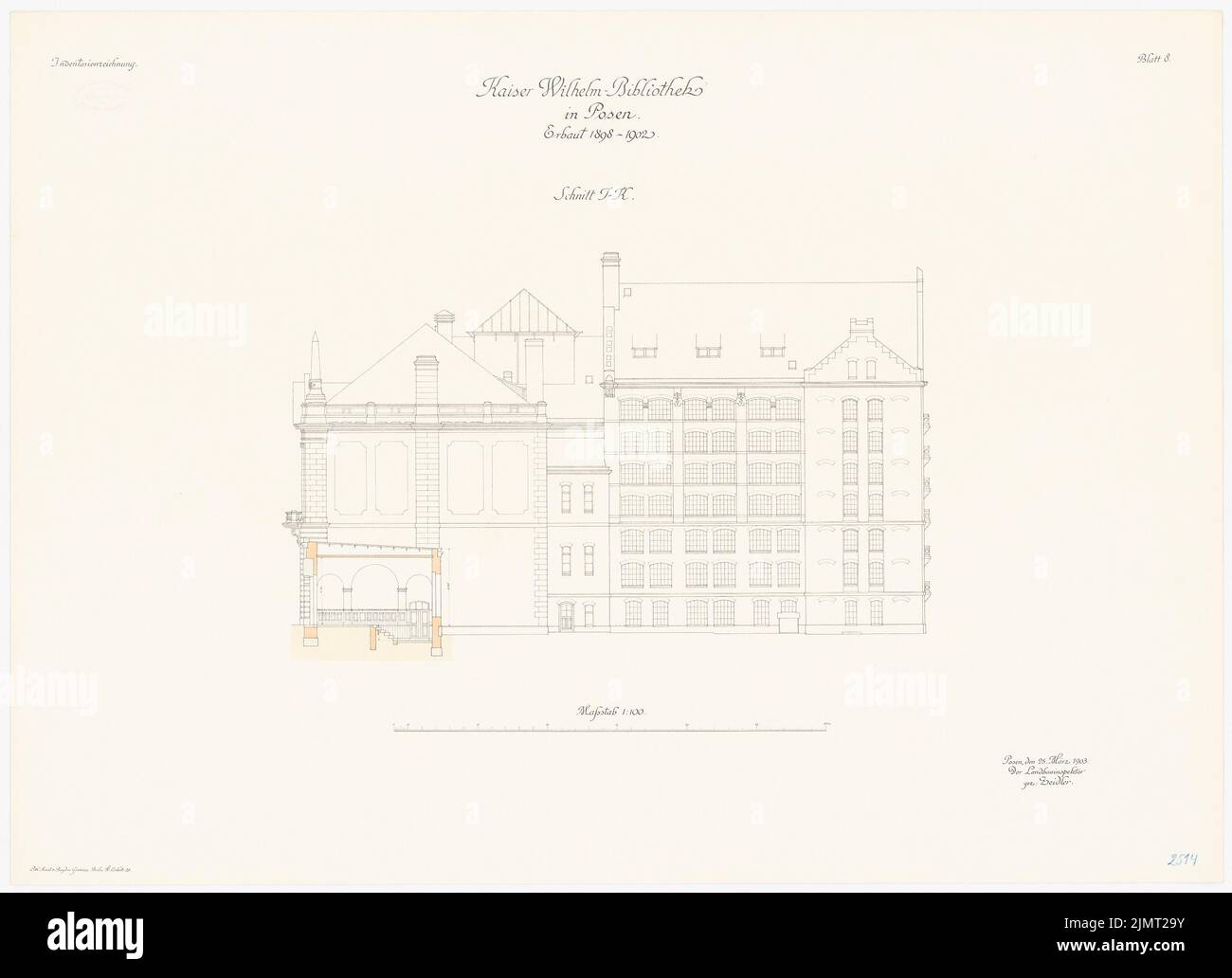 Architetto sconosciuto, biblioteca Kaiser-Wilhelm a Poznan (25.03.1903): Vista laterale RISS con sezione trasversale 1: 100. Litografia colorata sul cartone, 64,6 x 89,2 cm (compresi i bordi di scansione) Hinckeldeyn Carl (1847-1927): Kaiser-Wilhelm-Bibliothek, Posen Foto Stock