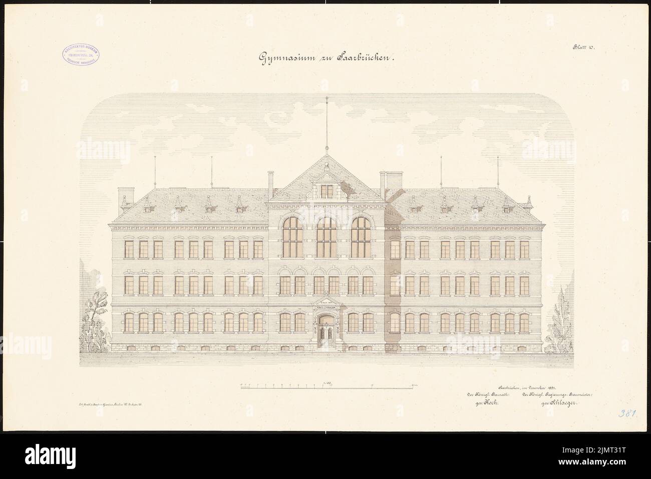 Architetto sconosciuto, scuola superiore, Saarbrücken. Casa di classe (ca 12,1891): vista frontale 1: 100. Litografia su cartone, 52,8 x 79,2 cm (compresi i bordi di scansione) N. : Palestra, Saarbrücken. Klassenhaus Foto Stock