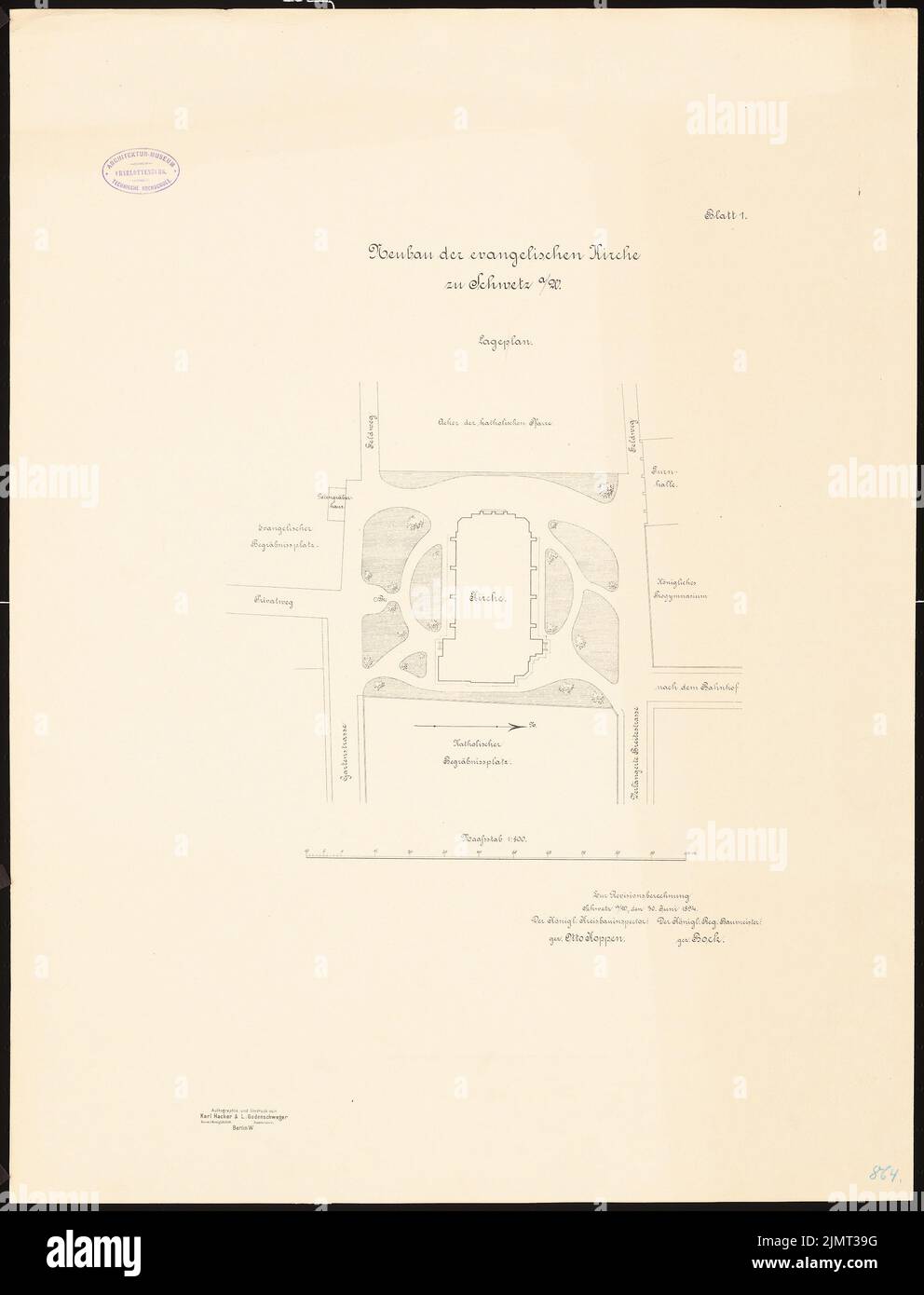 Architetto sconosciuto, Chiesa evangelica di Schwetz (30 giugno 1894): Dipartimento 1: 500. Litografia su cartone, 70,5 x 53,8 cm (compresi i bordi di scansione) N. : Evangelische Kirche, Schwetz Foto Stock