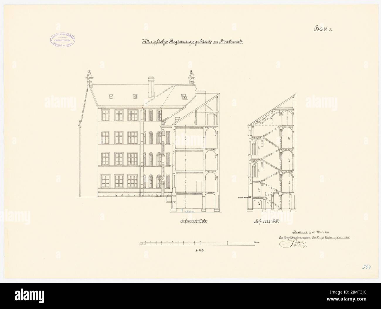 Architetto sconosciuto, edificio governativo a Stralsund. Cash building principale (01.05.1890): Tagli 1: 100. Inchiostro su litografia su carta, 51,6 x 69,4 cm (compresi i bordi di scansione) N. : Regierungsgebäude, Stralsund. Hauptkassengebäude Foto Stock