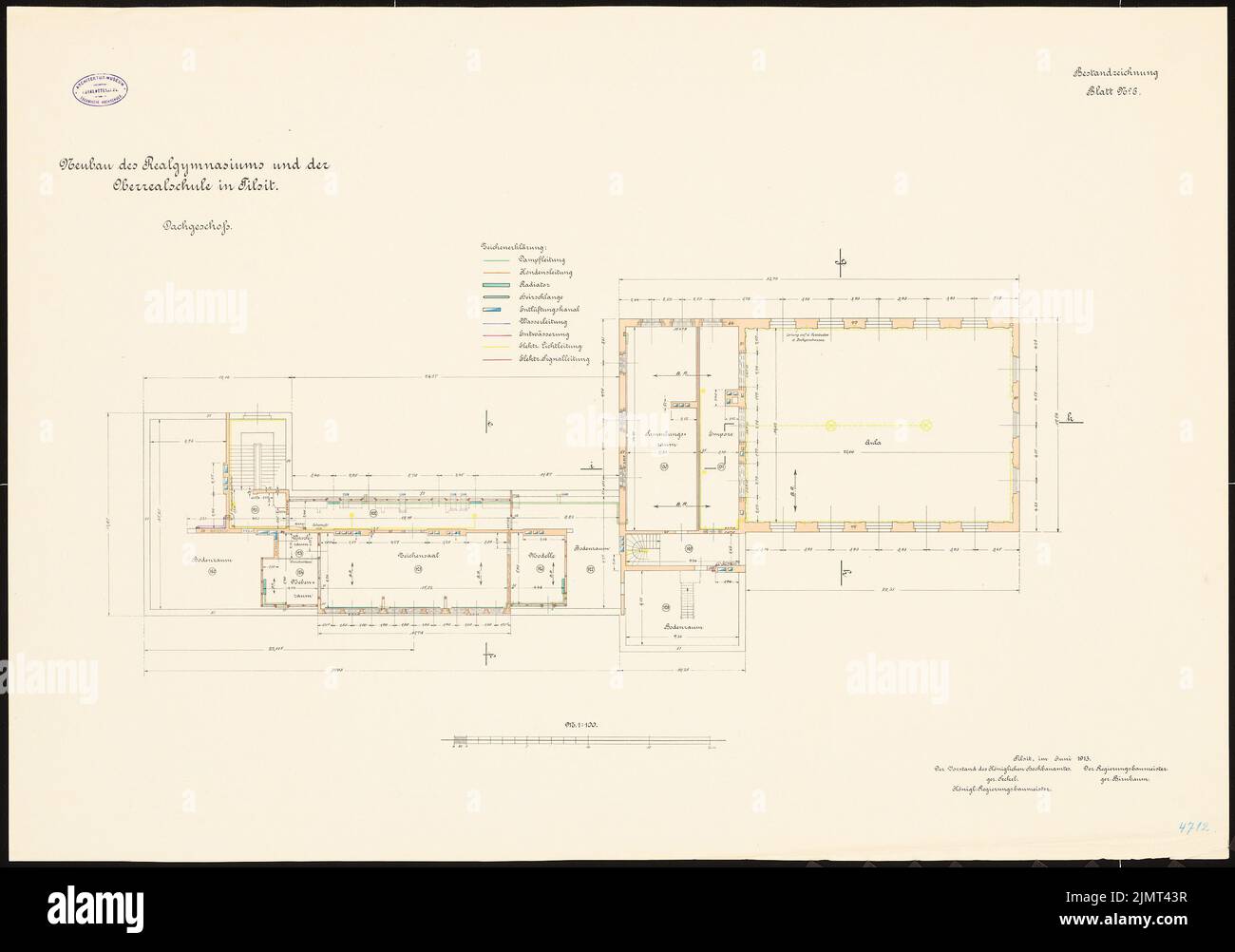 Sconosciuto architetto, Realgymnasium e Oberrealschule in Tilsit (06,1913): Pianta piano piano 1: 100. Litografia colorata sulla scatola, 71,1 x 101,2 cm (compresi i bordi di scansione) N. : Realgymnasium und Oberrealschule, Tilsit Foto Stock