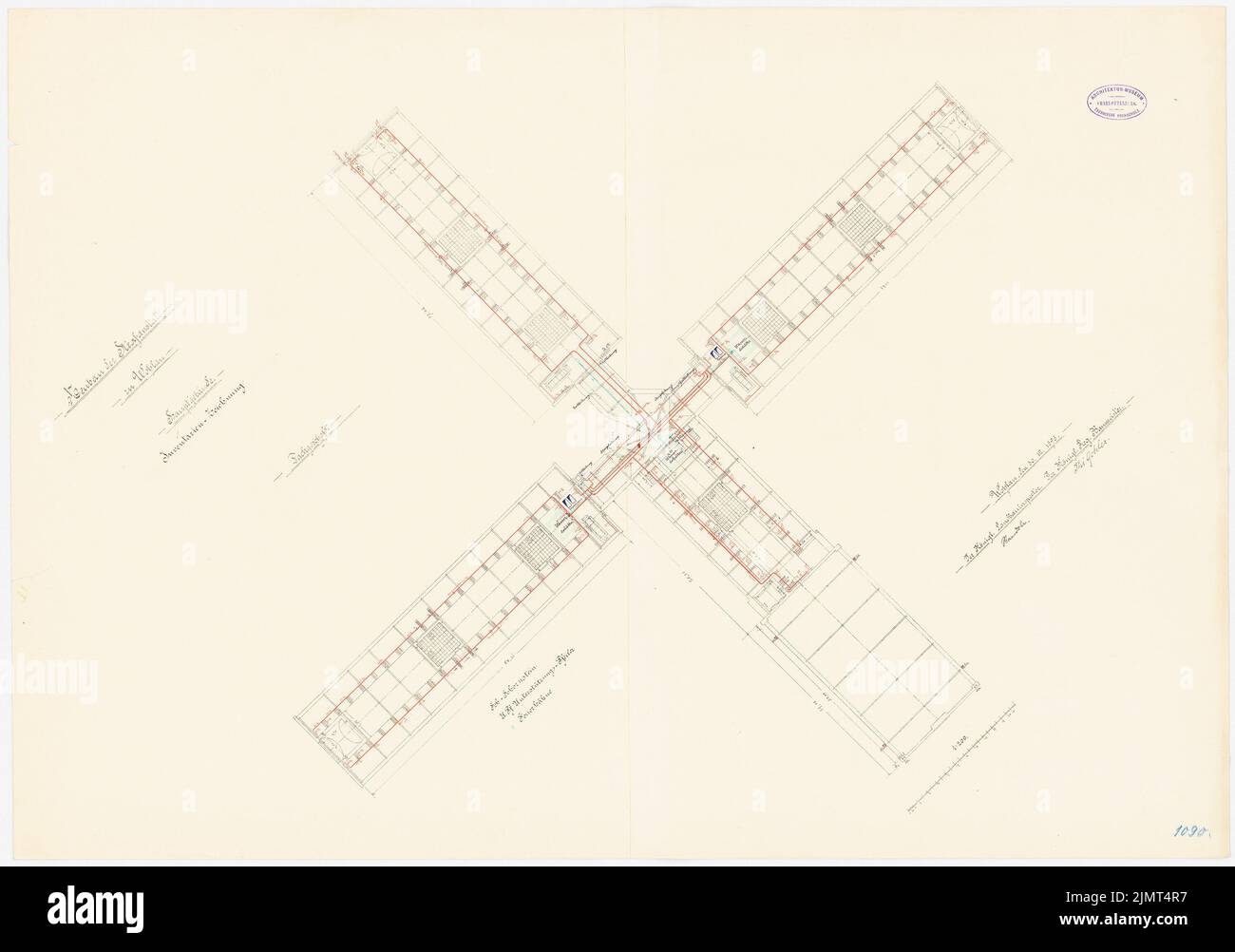 Sconosciuto architetto, prigione a Wohlau (1895): Pianta piano ultimo piano 1: 200. Colore inchiostro, acquarello, via litografia su cartone, 65,4 x 93,1 cm (compresi i bordi di scansione) N. : Gefängnis, Wohlau Foto Stock