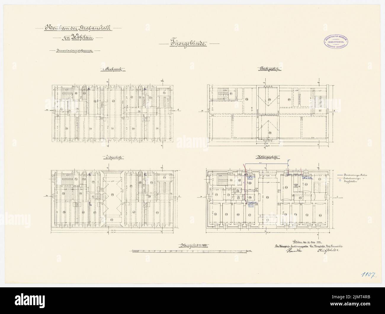 Sconosciuto architetto, prigione a Wohlau (1895): Cancello edificio: Piano interrato, piano terra, piano superiore, mansarda 1: 100. Inchiostro colorato, su litografia su cartone, 53,6 x 71,8 cm (compresi i bordi di scansione) N. : Gefängnis, Wohlau Foto Stock