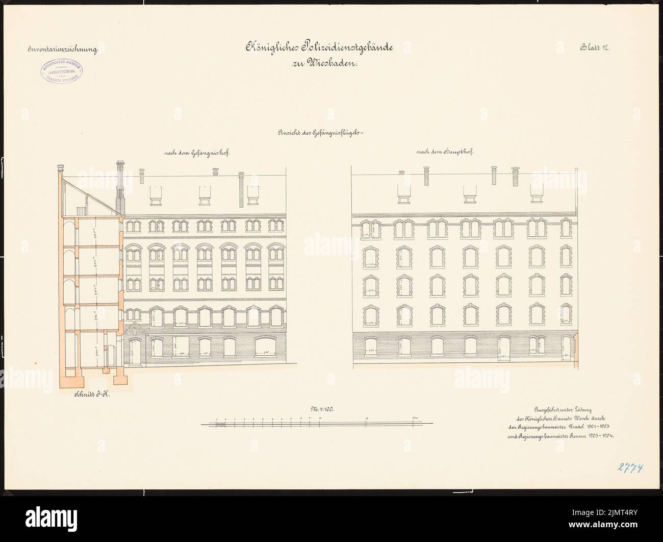 Architetto sconosciuto, edificio del servizio di polizia a Wiesbaden (1901-1901): Ala prigione: Superiore 1: 100. Acquerello litografico sulla scatola, 53,1 x 71,1 cm (compresi i bordi di scansione) N. : Polizeidienstgebäude, Wiesbaden Foto Stock