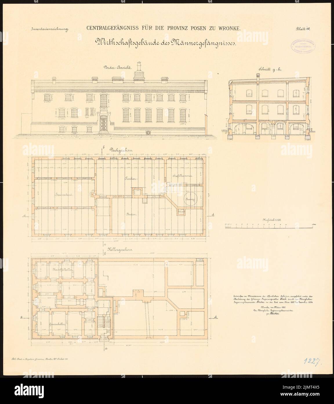 Architetto sconosciuto, carcere centrale per la provincia di Poznan a Wrronke (1889-1889): Prigione maschile - edificio agricolo: Cantina piano, sottotetto, vista frontale turmoil, sezione trasversale 1: 100. Acquerello litografico sulla scatola, 68,8 x 61 cm (compresi i bordi di scansione) N. : Zentralgefängnis für die Provinz Posen, Wronke Foto Stock