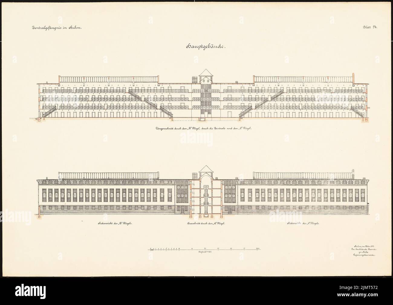 Architetto sconosciuto, prigione centrale, Mühlenweg, Stuhm. Edificio principale (1917): Sezione longitudinale e sezione trasversale 1: 150. Acquerello litografico sulla scatola, 71,2 x 100,9 cm (compresi i bordi di scansione) N. : Zentralgefängnis, Mühlenweg, Stuhm. Hauptgebäude Foto Stock