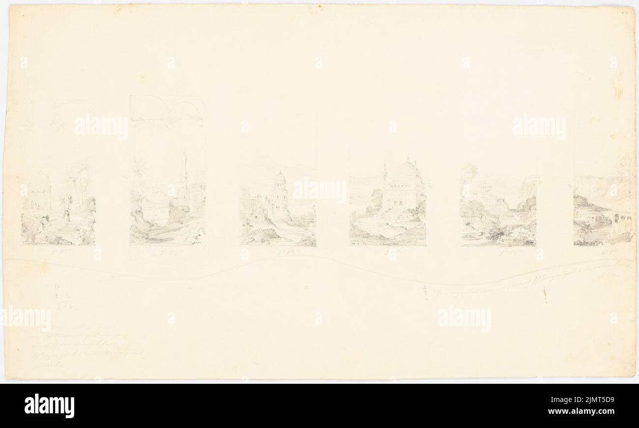 Diebitsch Carl von (1819-1869), progetto panoramico, Berlino. (?) (Senza DAT.): 6 (1 di loro tagliati) viste di edifici con paesaggio orientale, 2 archi di schizzo. Matita sulla scatola, 29,2 x 48,6 cm (compresi i bordi di scansione) Diebitsch Carl von (1819-1869): Panoramaentwurf, Berlino (?) Foto Stock