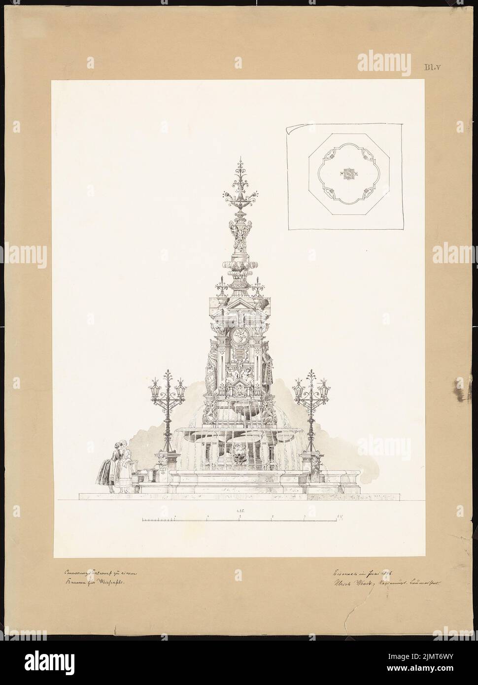 Wendt Ulrich, Brunnen, Weißenfels (06,1886): Vista prospettica, pianta. Acquerello Tusche su carta, su cartone, 78,7 x 58,8 cm (compresi i bordi di scansione) Wendt Ulrich : Brunnen, Weißenfels Foto Stock