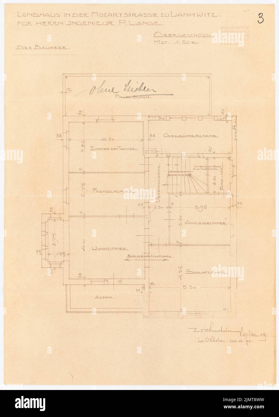 Wolkenstein San Micheli (1873-1910), Landhaus Lange, Berlin-Lankwitz (10,1909): Pianta piano superiore 1:50. Matita su carta, 50,1 x 35,9 cm (compresi i bordi di scansione) Wolkenstein San Micheli (1873-1910): Landhaus Lange, Berlin-Lankwitz Foto Stock