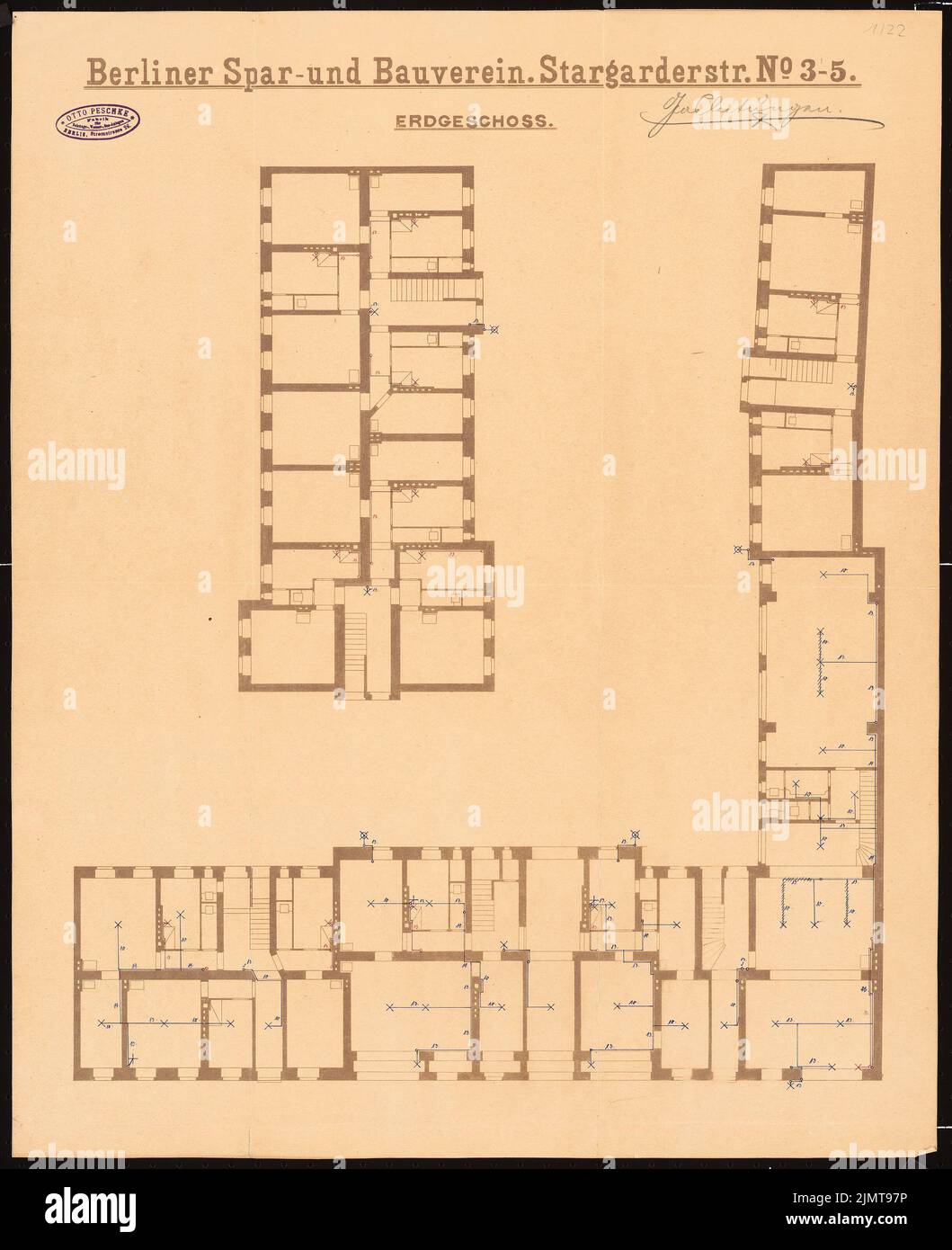 Messel Alfred (1853-1909), case operaie a Berlino-Prenzlauer Berg (1899): Grundriss EG. Inchiostro colorato, a rottura su carta, 62,2 x 50,7 cm (compresi i bordi di scansione) Messel Alfred (1853-1909): Arbeiterwohnhäuser, Berlino-Prenzlauer Berg Foto Stock