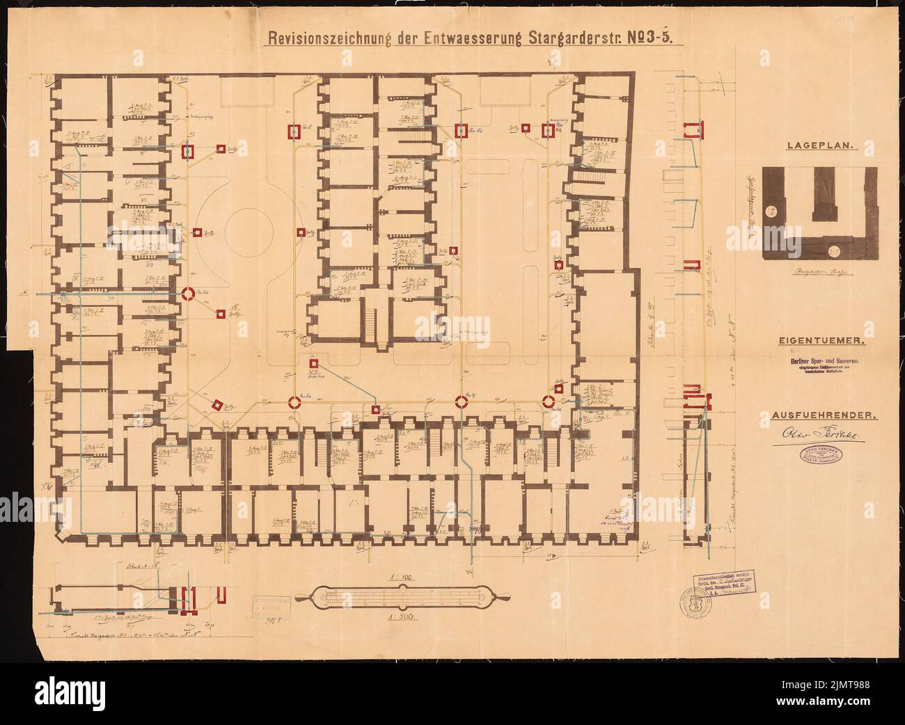 Messel Alfred (1853-1909), case operaie a Berlino-Prenzlauer Berg (1899): Grundriss KG degriing, site plan, 1: 100. Light break watercolor su carta, 69 x 94,1 cm (compresi i bordi di scansione) Messel Alfred (1853-1909): Arbeiterwohnhäuser, Berlin-Prenzlauer Berg Foto Stock