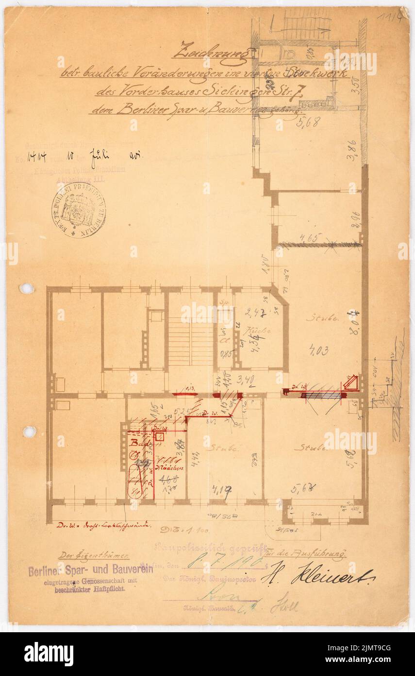 Messel Alfred (1853-1909), casa dei lavoratori a Berlino-Moabit (luglio 10th?): Sickingenstraße 7: Grundriss 4th, addendum 1: 100. Inchiostro, matita, inchiostro colorato, a rottura su carta, 35,1 x 23,1 cm (compresi i bordi di scansione) Messel Alfred (1853-1909): Arbeiterwohnhäuser, Berlin-Moabit Foto Stock