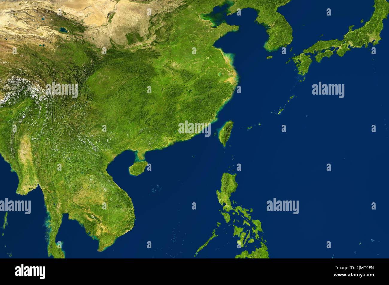 Mappa dell'Asia orientale in foto satellitare, Cina e Taiwan al centro. Mappa fisica dettagliata di Eurasia sud-est, topografia della Cina. Terreno verde, mare blu Foto Stock