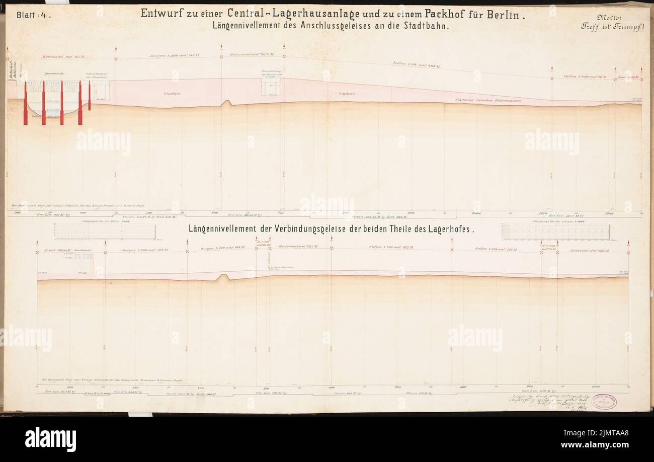 Plock Carl (nato nel 1851), magazzini e Packhof per Berlino. Schinkel Competition 1880 (1880): Profili in altezza (lunghezze 1: 1000, altezze 1: 200); 2 strisce in scala. Acquerello Tusche sulla scatola, 62,9 x 98,7 cm (compresi i bordi di scansione) Plock Carl (geb. 1851): Lagerhäuser und Packhof, Berlino. Schinkelwettbewerb 1880 Foto Stock