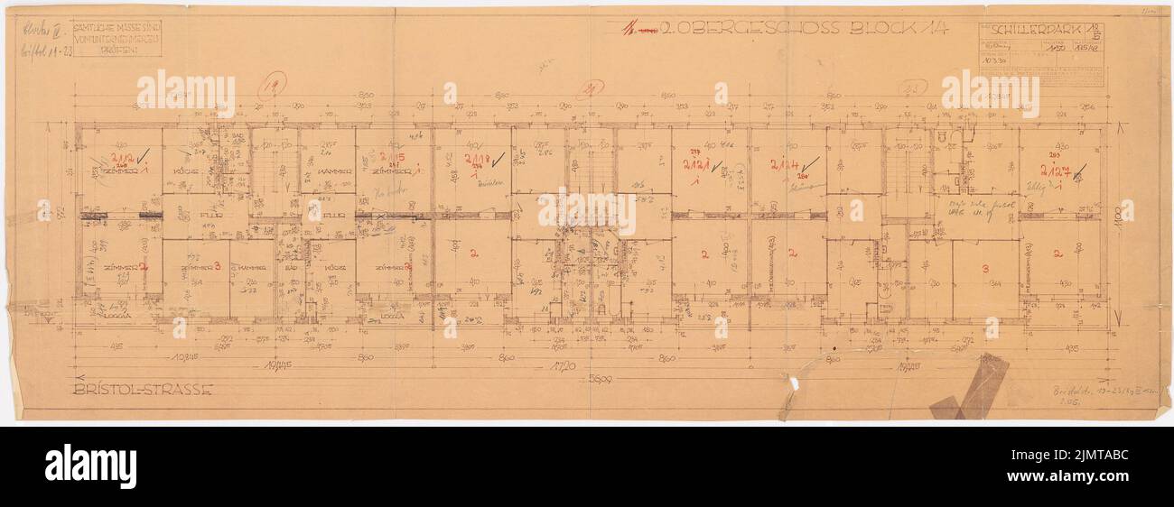 Taut Bruno (1880-1938), insediamento di Schillerpark a Berlino-matrimonio (1924-1924): Bristolstraße 19-23, blocco 14: Grundriss 2nd Riss 1:50. Matita, matita colorata sopra una rottura su carta, 46,2 x 127 cm (compresi i bordi di scansione) tesa Bruno (1880-1938): Siedlung Schillerpark, Berlino-matrimonio Foto Stock