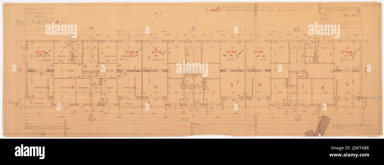 Taut Bruno (1880-1938), Schillerpark insediamento a Berlino-matrimonio (1930): Bristolstraße 19-23, blocco 14: Grundriss 1st piano 1:50. Matita, matita colorata sopra una rottura su carta, 45,9 x 127,4 cm (compresi i bordi di scansione) tesa Bruno (1880-1938): Siedlung Schillerpark, Berlino-matrimonio Foto Stock