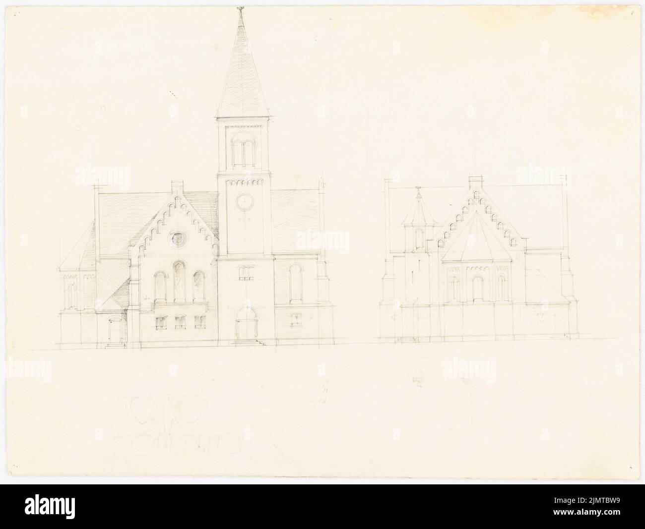 Baltzer Johannes (1862-1940), chiesa con 657 posti (senza dat.): Lato superiore d'ingresso, lato coro, bozzetti sul fondo. Matita su cartone, 26,1 x 34,8 cm (compresi i bordi di scansione) Baltzer Johannes (1862-1940): Kirche mit 657 Plätzen Foto Stock