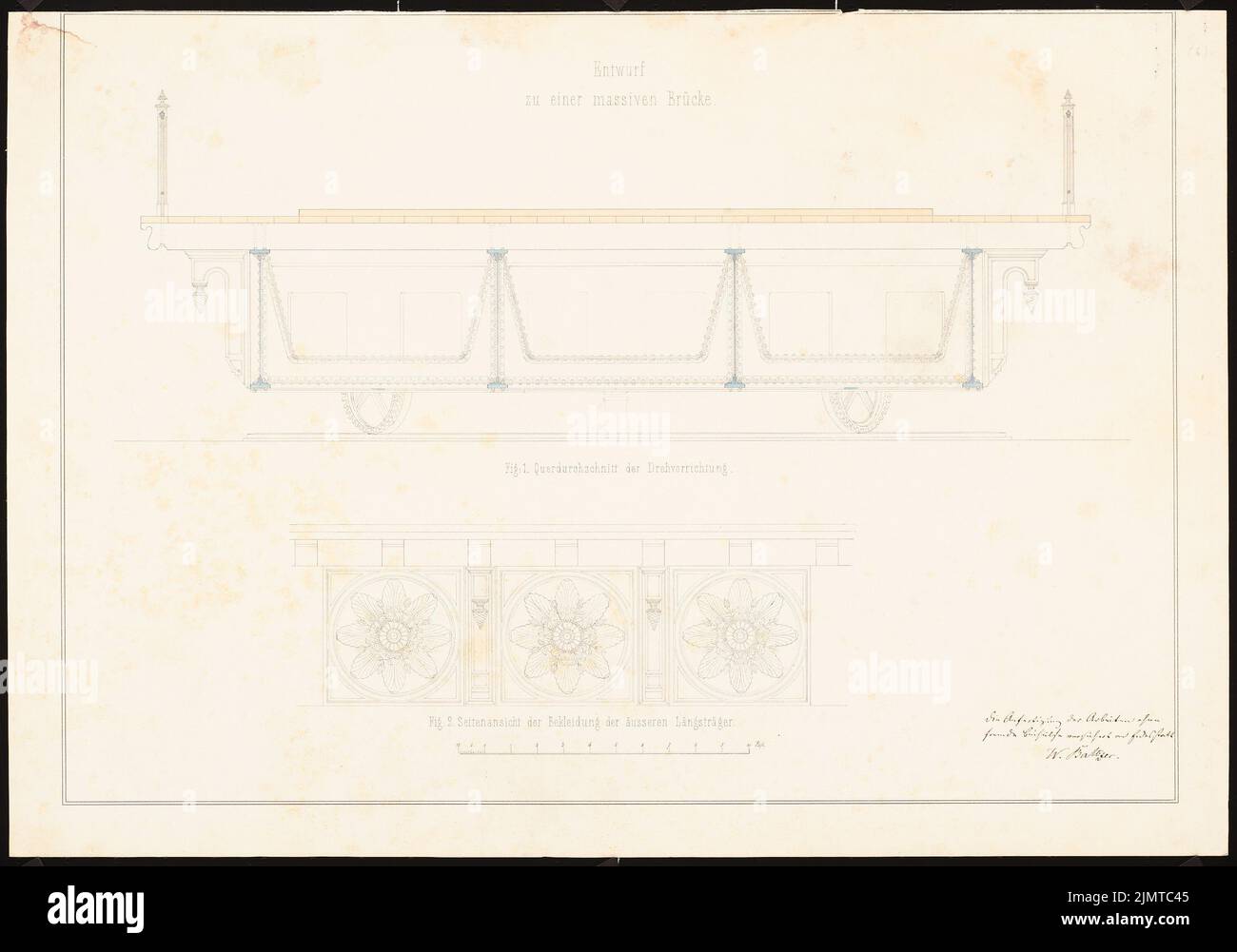 Baltzer W., ponte massiccio con passaggio della nave (senza data): Vista delle modifiche esterne, tagliato attraverso il dispositivo rotante. Acquerello Tusche su carta, 42,6 x 60,8 cm (compresi i bordi di scansione) Baltzer W. : Massive Brücke mit Schiffsdurchlass Foto Stock