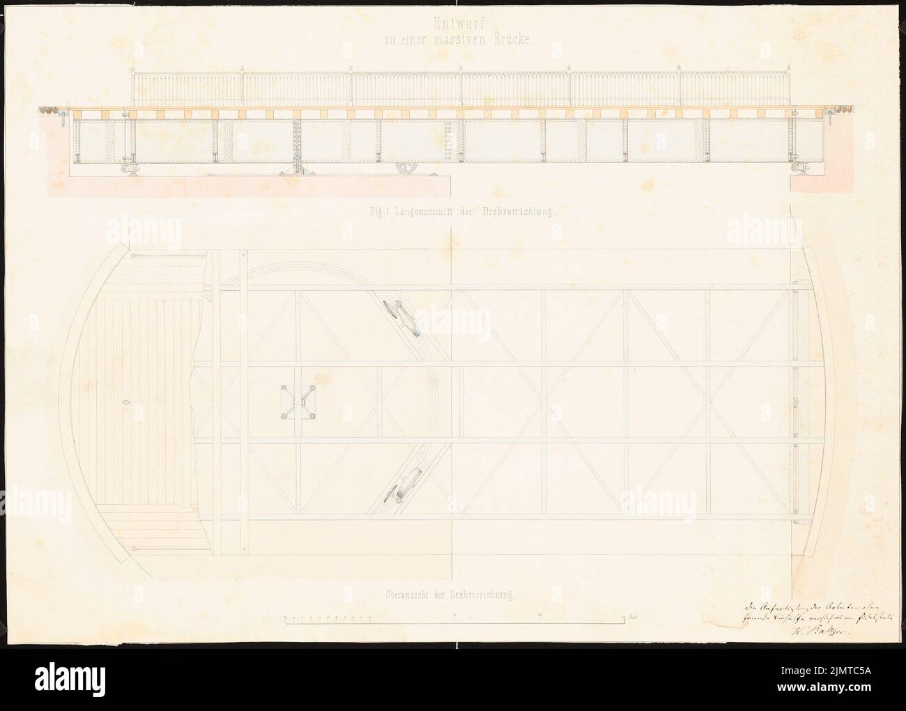 Baltzer W., ponte massiccio con passaggio della nave (senza dat.): Ober vista e tagliato attraverso il dispositivo rotante. Inchiostro e matita acquerello su carta, 39,6 x 55,3 cm (compresi i bordi di scansione) Baltzer W. : Massive Brücke mit Schiffsdurchlass Foto Stock