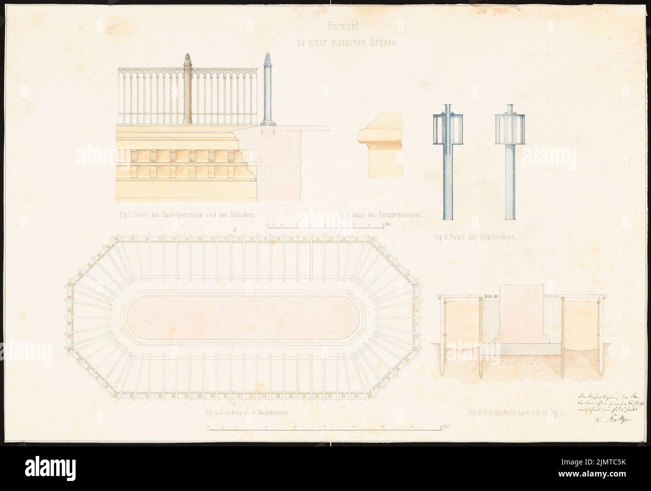 Baltzer W., ponte massiccio con passaggio della nave (senza data): Piano fangdamm, sezione trasversale fangdamm, dettagli: Cornicione principale, cornicione da caccia, imbuto dei rifiuti. Acquerello Tusche su carta, 39,9 x 58,1 cm (compresi i bordi di scansione) Baltzer W. : Massive Brücke mit Schiffsdurchlass Foto Stock