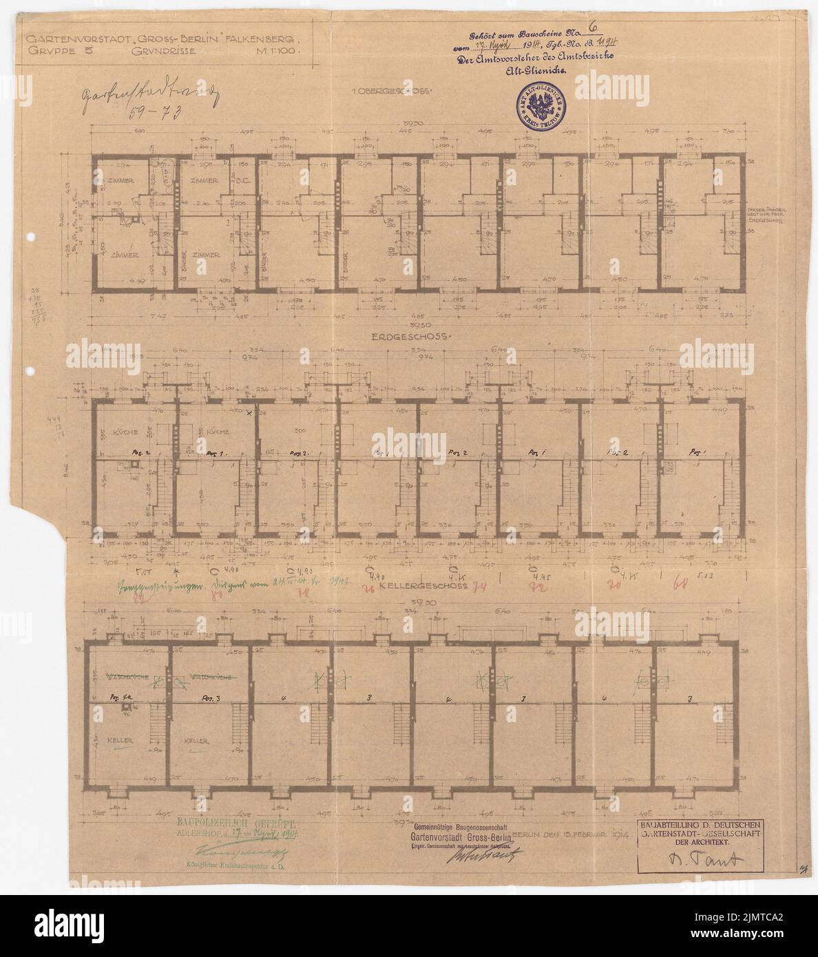 Taut Bruno (1880-1938), Gartenstadt Falkenberg a Berlino-Altglienicke (1914): Gruppo 5: Grundriss KG, EG, OG, DG. Inchiostro, matita, matita colorata, inchiostro colorato su cartone, 53,2 x 48,6 cm (compresi i bordi di scansione) teso Bruno (1880-1938): Gartenstadt Falkenberg, Berlin-Altglienicke Foto Stock