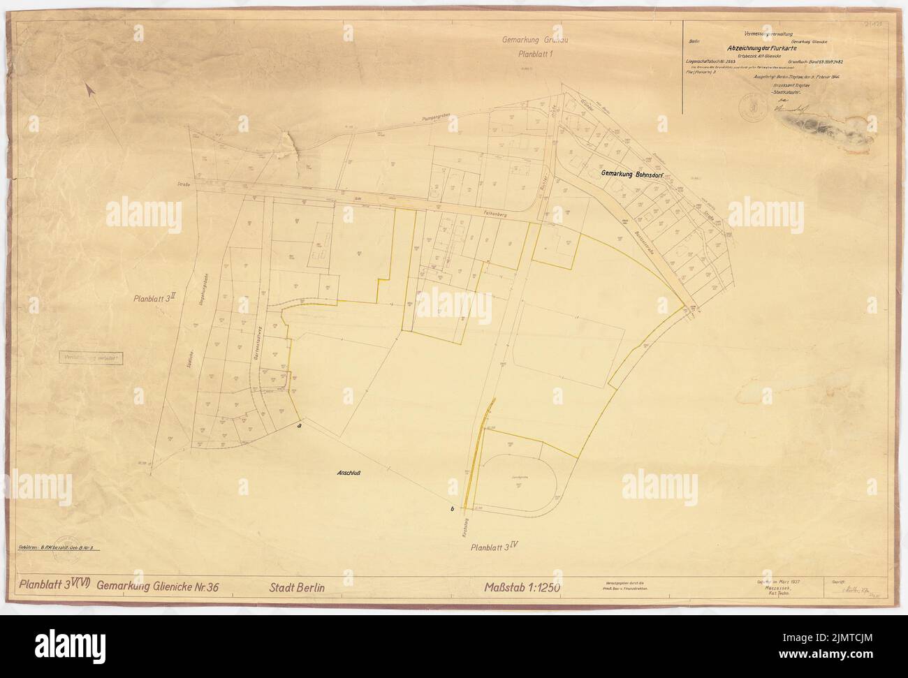 Architetto sconosciuto, Gartenstadt Falkenberg a Berlino-Altglienicke (1946): Mappa del corridoio di Altglienicke. Acquerello Tusche, a rottura su carta, 70,4 x 103,8 cm (compresi i bordi di scansione) N. : Gartenstadt Falkenberg, Berlino-Altglienicke Foto Stock