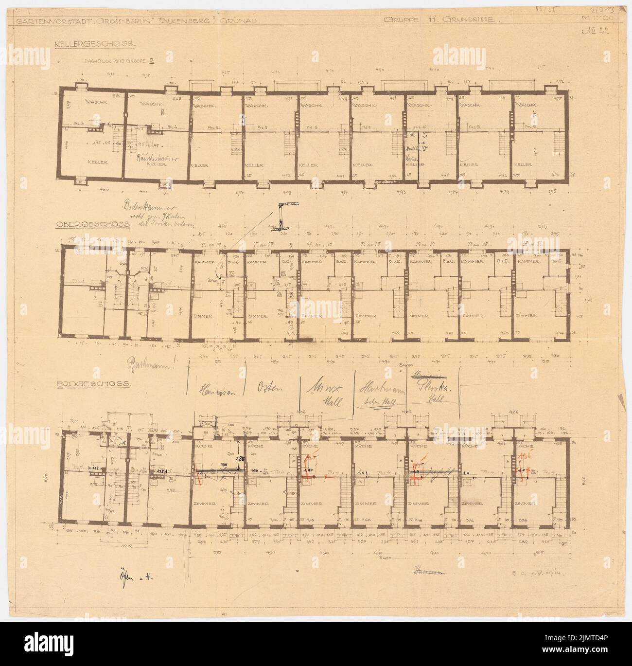 Taut Bruno (1880-1938), Gartenstadt Falkenberg a Berlino-Altglienicke (1913-1913): Gartenstadtstraße, Gruppo 11: Grundriss KG, EG, OG. Inchiostro, matita, matita colorata su cartone, 56,2 x 57,2 cm (compresi i bordi di scansione) teso Bruno (1880-1938): Gartenstadt Falkenberg, Berlin-Altglienicke Foto Stock