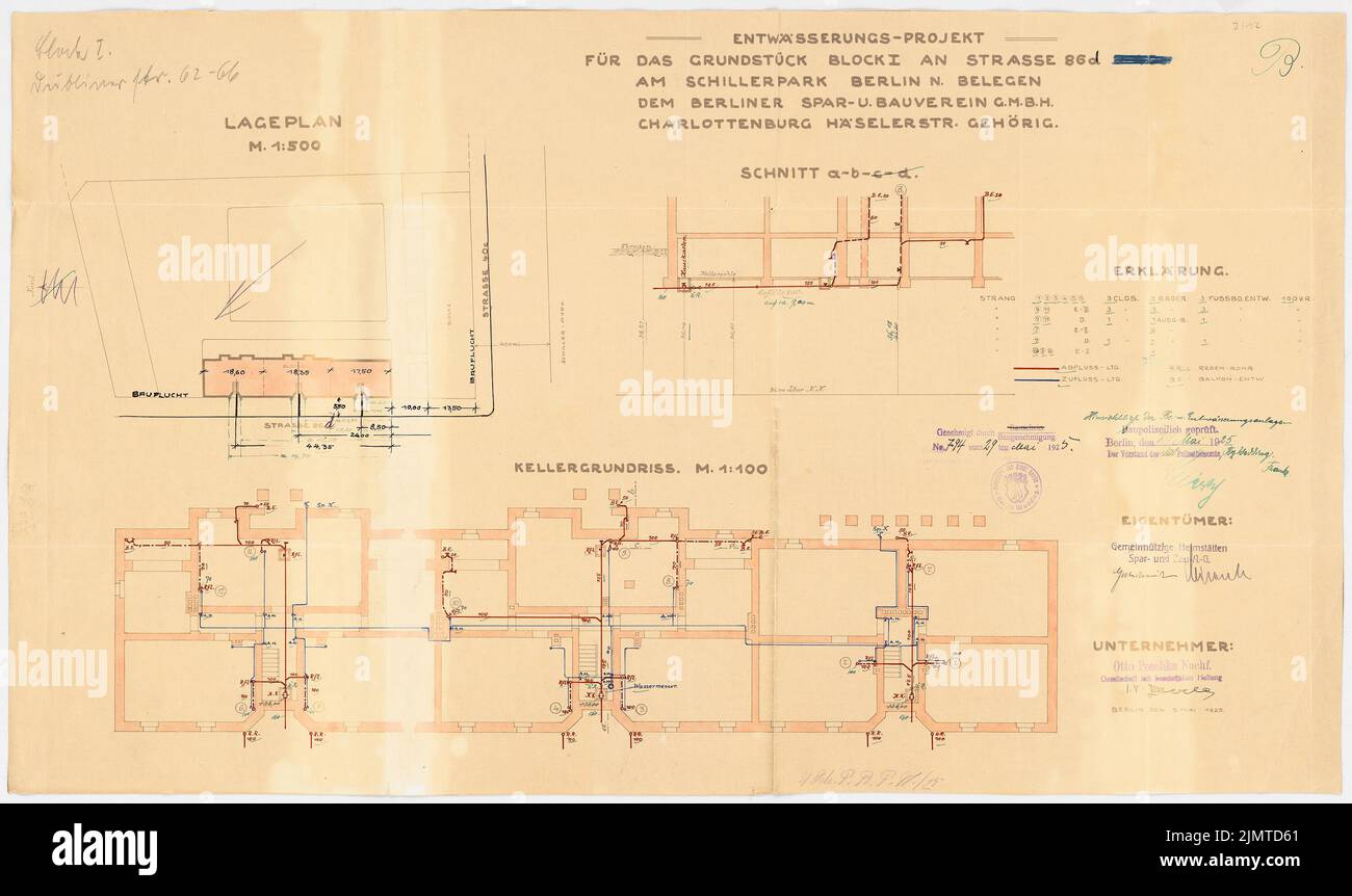 Taut Bruno (1880-1938), insediamento di Schillerpark a Berlino-matrimonio (1925): Dubliner Straße 62-66, blocco 1 e Oxford Straße 3-7, blocco 4: Grundriss KG, drenaggio. Inchiostro, inchiostro colorato, acquerello, rottura su carta, 45,1 x 75,9 cm (compresi i bordi di scansione) teso Bruno (1880-1938): Siedlung Schillerpark, Berlino-matrimonio Foto Stock