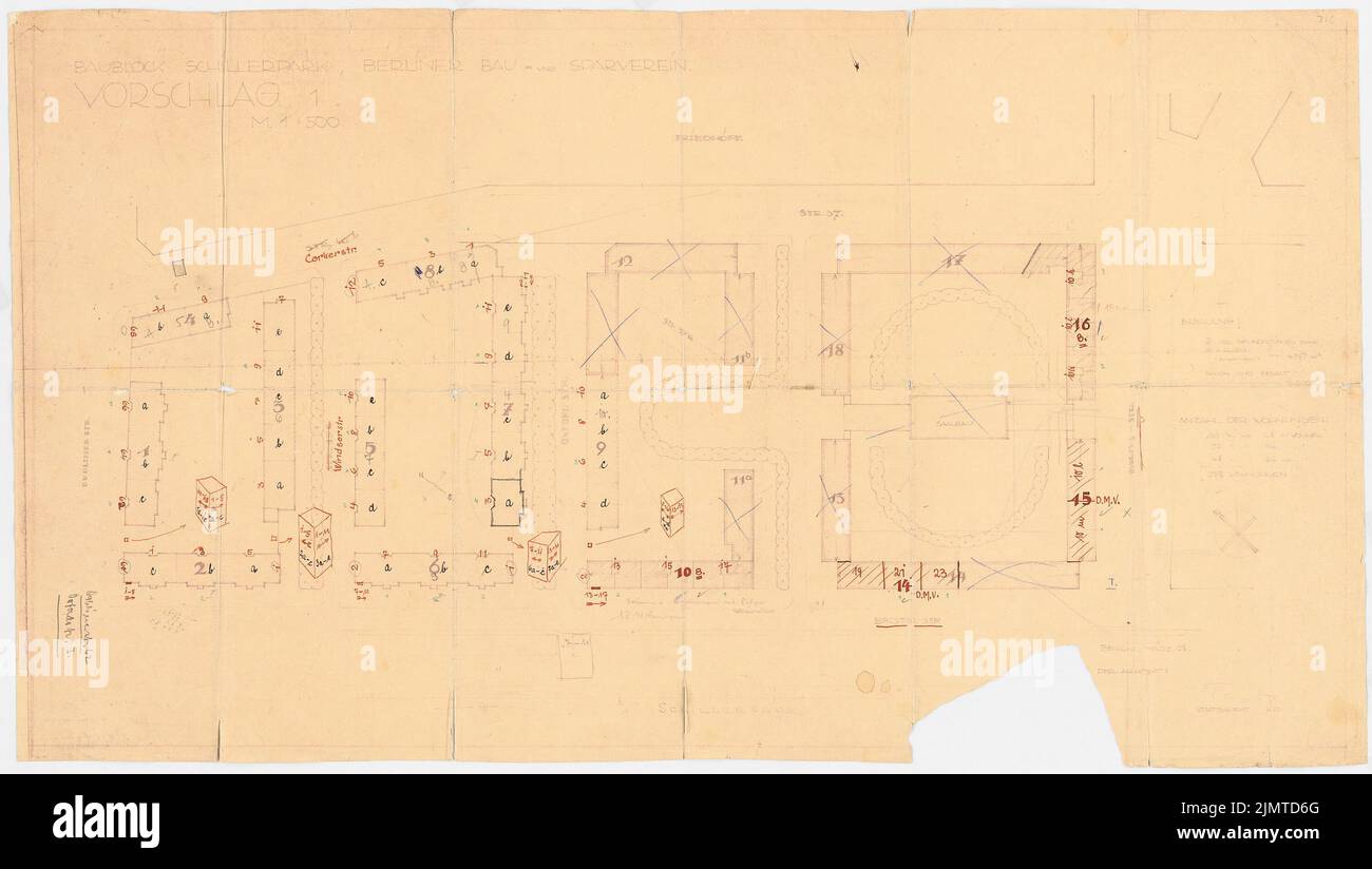 Taut Bruno (1880-1938), Schillerpark insediamento a Berlino-matrimonio (1928): Suggerimento 1st inchiostro, matita, inchiostro colorato, su una pausa su carta, 57,1 x 101,2 cm (incl Scansione bordi) Taut Bruno (1880-1938): Siedlung Schillerpark, Berlino-matrimonio Foto Stock