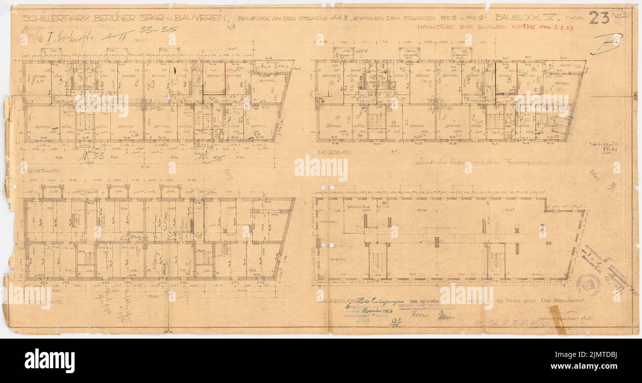 Taut Bruno (1880-1938), insediamento di Schillerpark a Berlino-matrimonio (1927): Corker Straße 33-35, blocco 5: Grundriss KG, EG, 1st+ 2nd piano e DG. Matita, matita colorata, inchiostro colorato sopra una rottura sulla scatola, 47,1 x 89,1 cm (compresi i bordi di scansione) tesa Bruno (1880-1938): Siedlung Schillerpark, Berlino-matrimonio Foto Stock