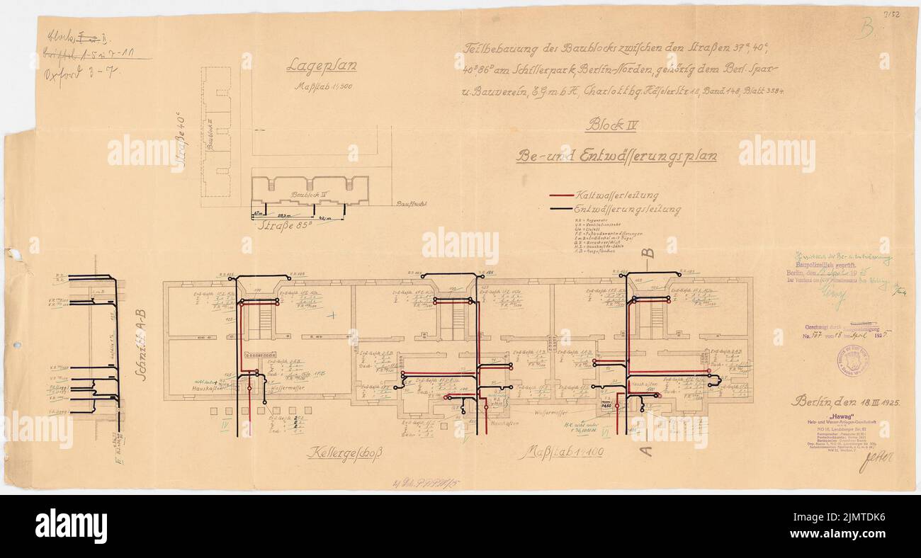 Taut Bruno (1880-1938), insediamento di Schillerpark a Berlino-matrimonio (1925): Oxford Straße 3-7, blocco 4: Bordo e drenaggio. Inchiostro colorato, a rottura sul cartone, 44,6 x 83 cm (compresi i bordi di scansione) teso Bruno (1880-1938): Siedlung Schillerpark, Berlino-matrimonio Foto Stock