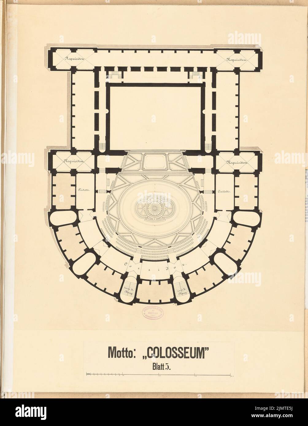 Krüger Theodor (1818-1885), Opera House on Lützowplatz a Berlino (1883): Grundriss 3rd piano (senza ali laterali). Inchiostro e matita acquerello sulla scatola, 70,8 x 54,7 cm (compresi i bordi di scansione) Krüger Theodor (1818-1885): Opernhaus am Lützowplatz, Berlino. Schinkelwettbewerb 1883 Foto Stock