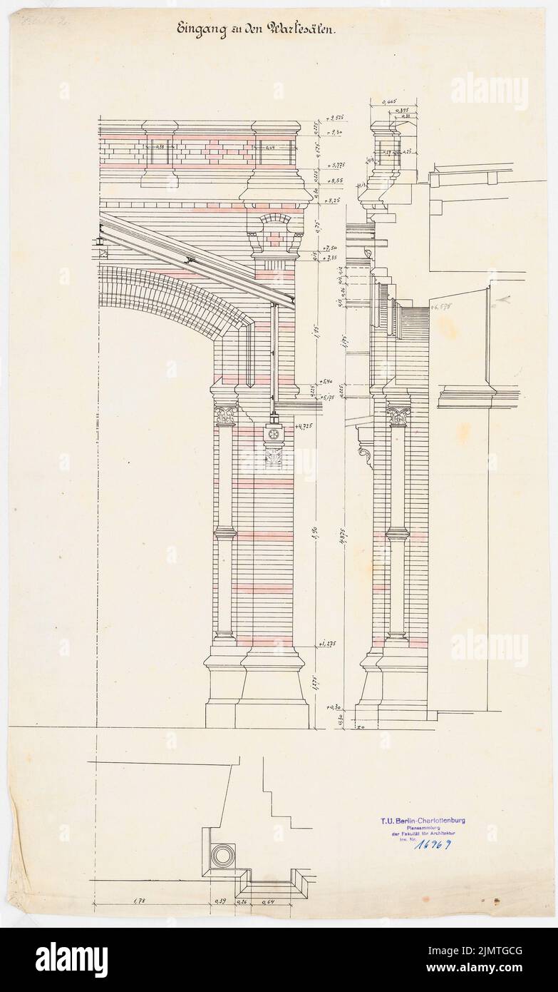 Bull Hubert (1838-1907), stazione ferroviaria di Uelzen (1885): Facciata vista in sezione. Tusche, matita acquarello trasparente, 57,8 x 34,9 cm (compresi i bordi di scansione) Stier d. Ä. Hubert (1838-1907): Bahnhof, Uelzen Foto Stock