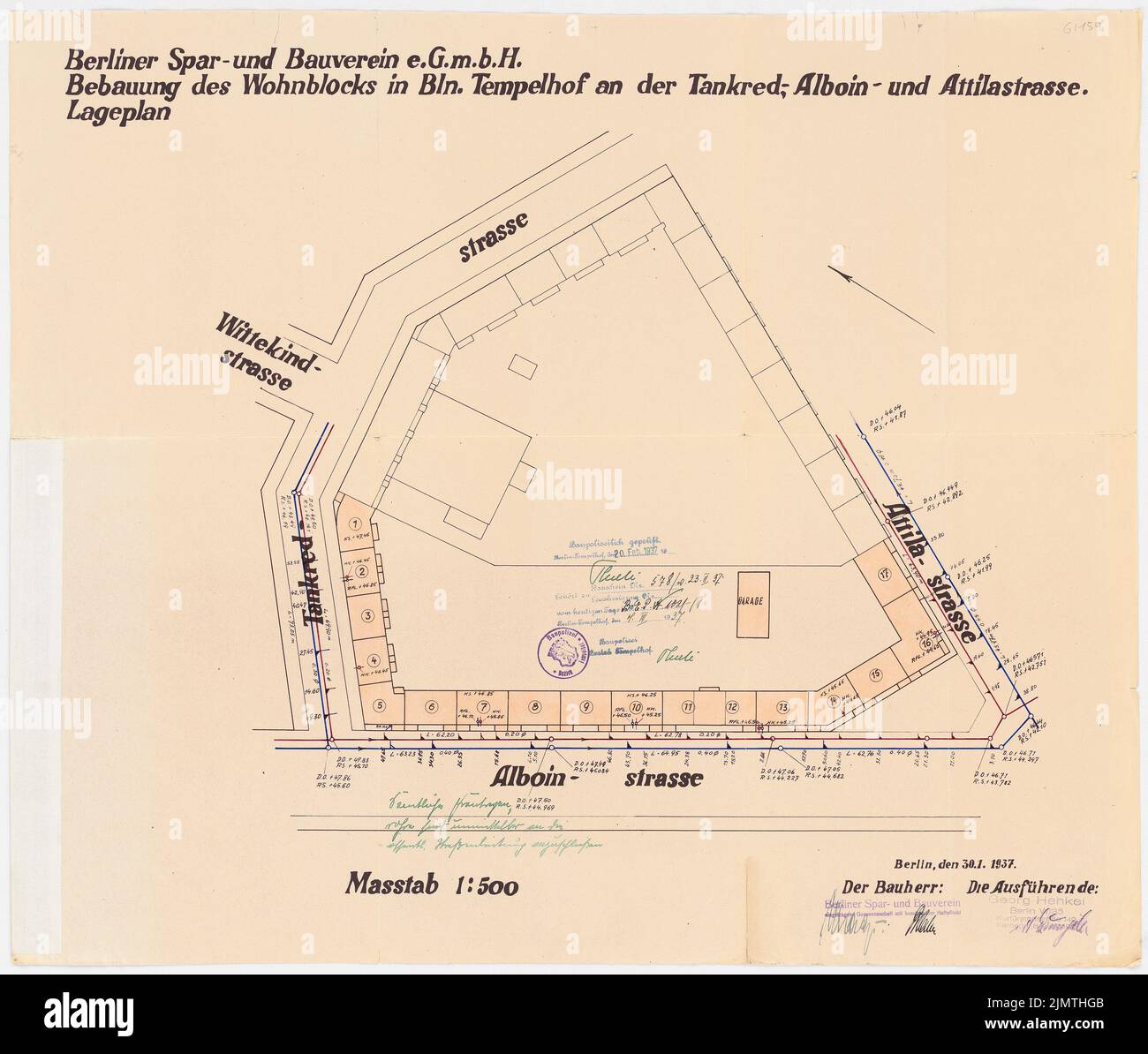 Hoffmann Franz, Siedlung Attilahöhe, Berlin-Tempelhof (1937): Tankredstraße, Alboinstraße, Attilastraße: Site plan 1: 500. Inchiostro, inchiostro colorato, acquerello, rottura su carta, 55,1 x 64,9 cm (compresi i bordi di scansione) Hoffmann Franz (1884-1951): Siedlung Attilahöhe, Berlin-Tempelhof Foto Stock